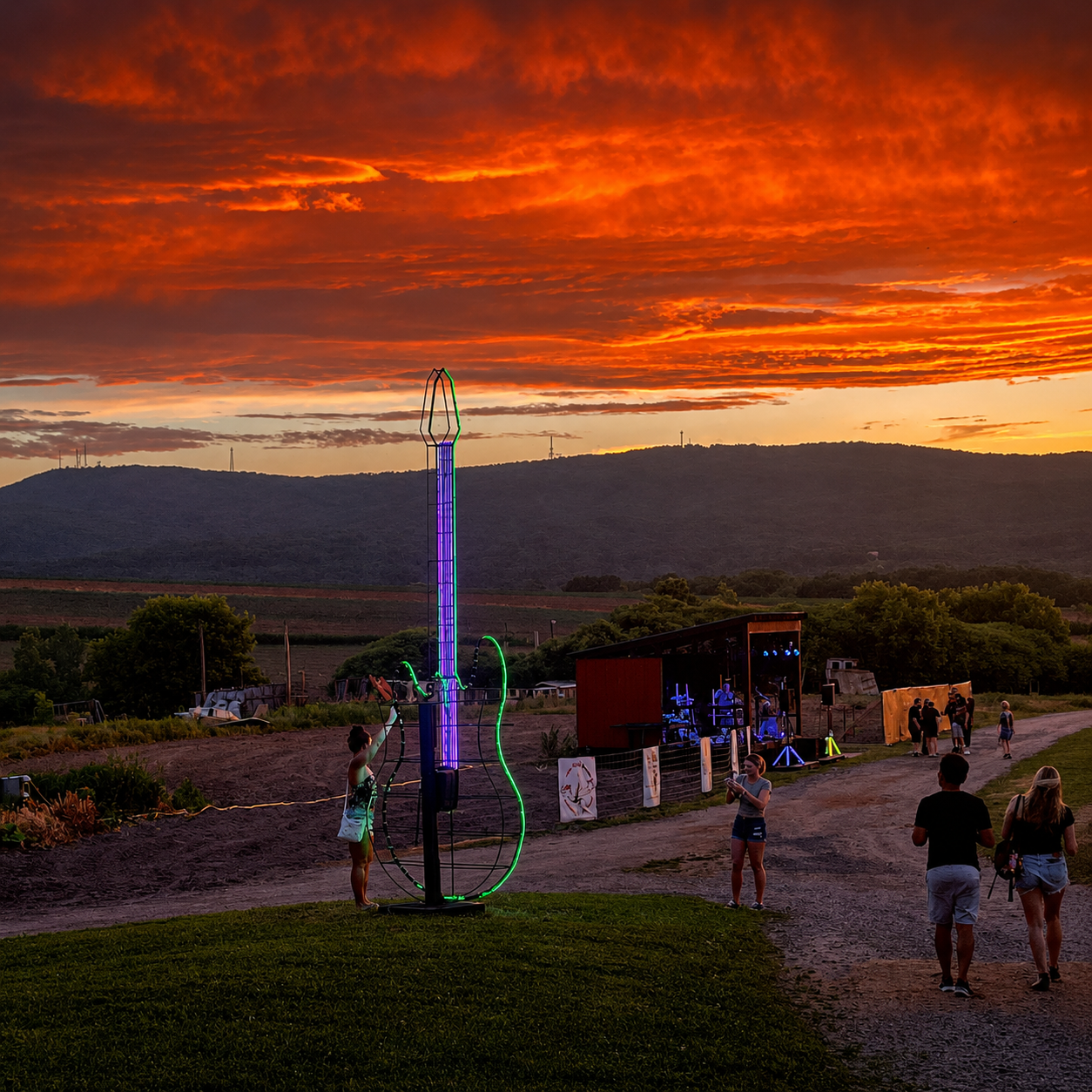 People gathered outdoors at dusk with a large illuminated guitar sculpture, a small stage with blue lights, and a vibrant orange sunset sky over rolling hills in the background.