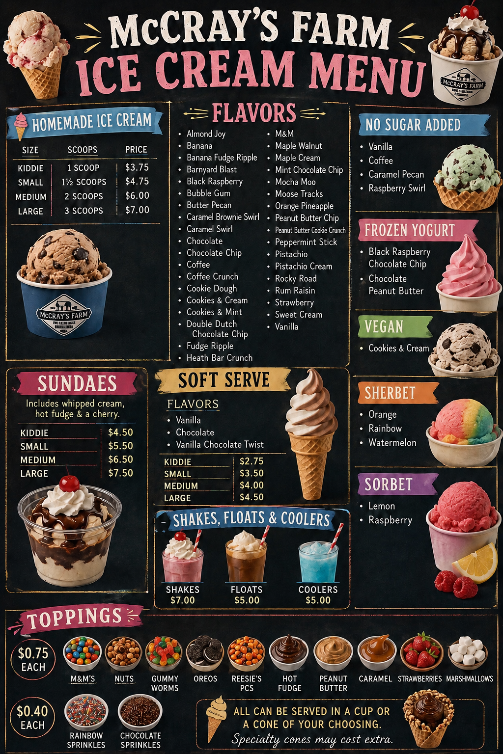 Menu board for McCray's Farm Ice Cream featuring flavors, prices, and options including sundaes, soft serve, shakes, floats, coolers, sorbet, vegan, sherbet, and toppings with images of different ice creams and toppings.