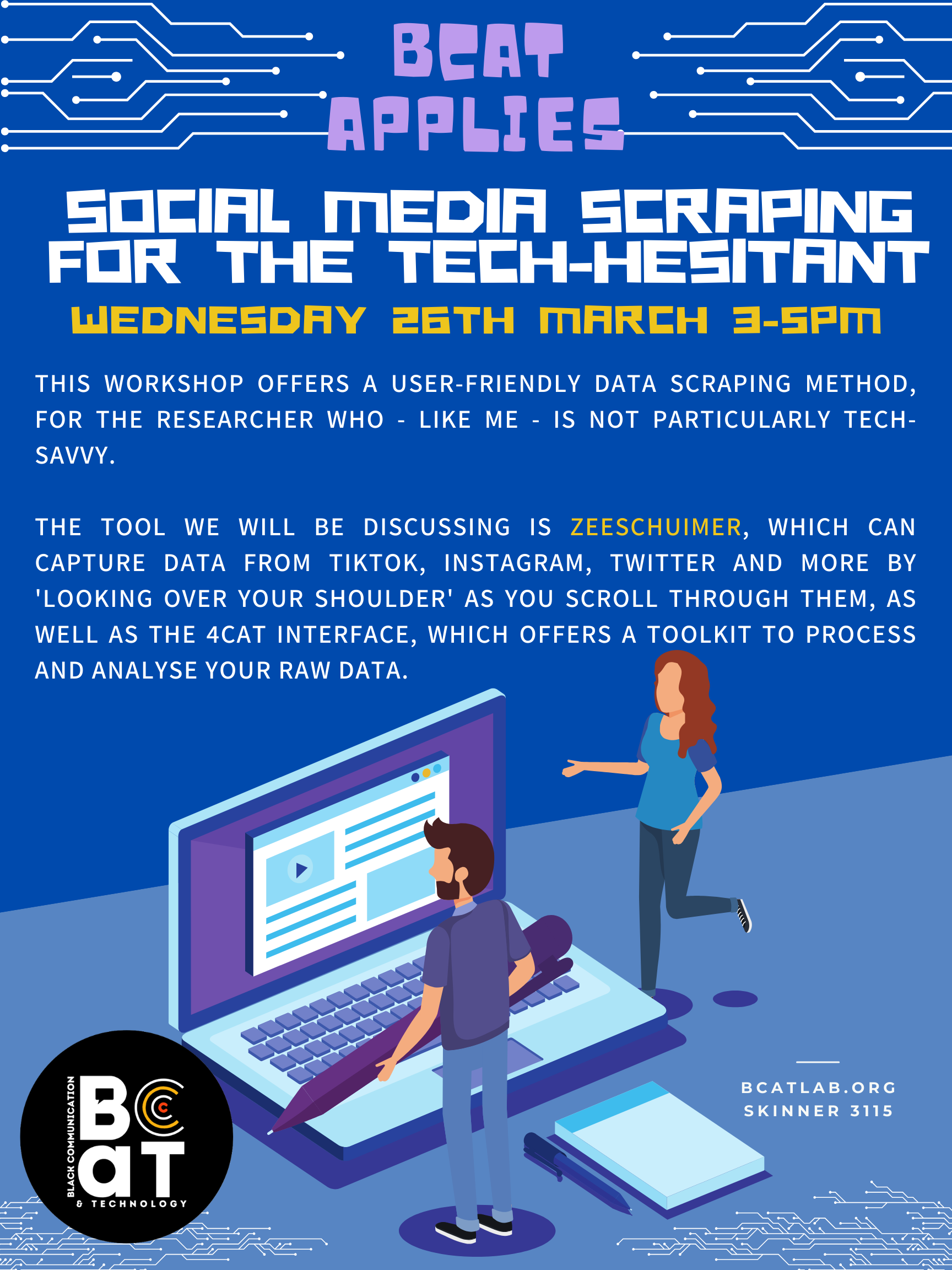 Digital poster advertising a workshop on social media data scraping for beginners, taking place on Wednesday, 26th March.