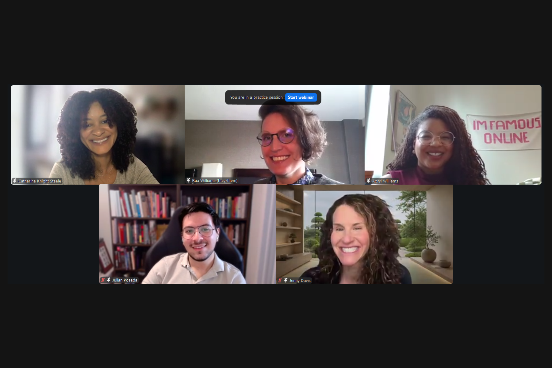Screenshot of Zoom call with Catherine Knight Steele, Rua Williams, Apryl Williams, Julian Posada, and Jenny Davis