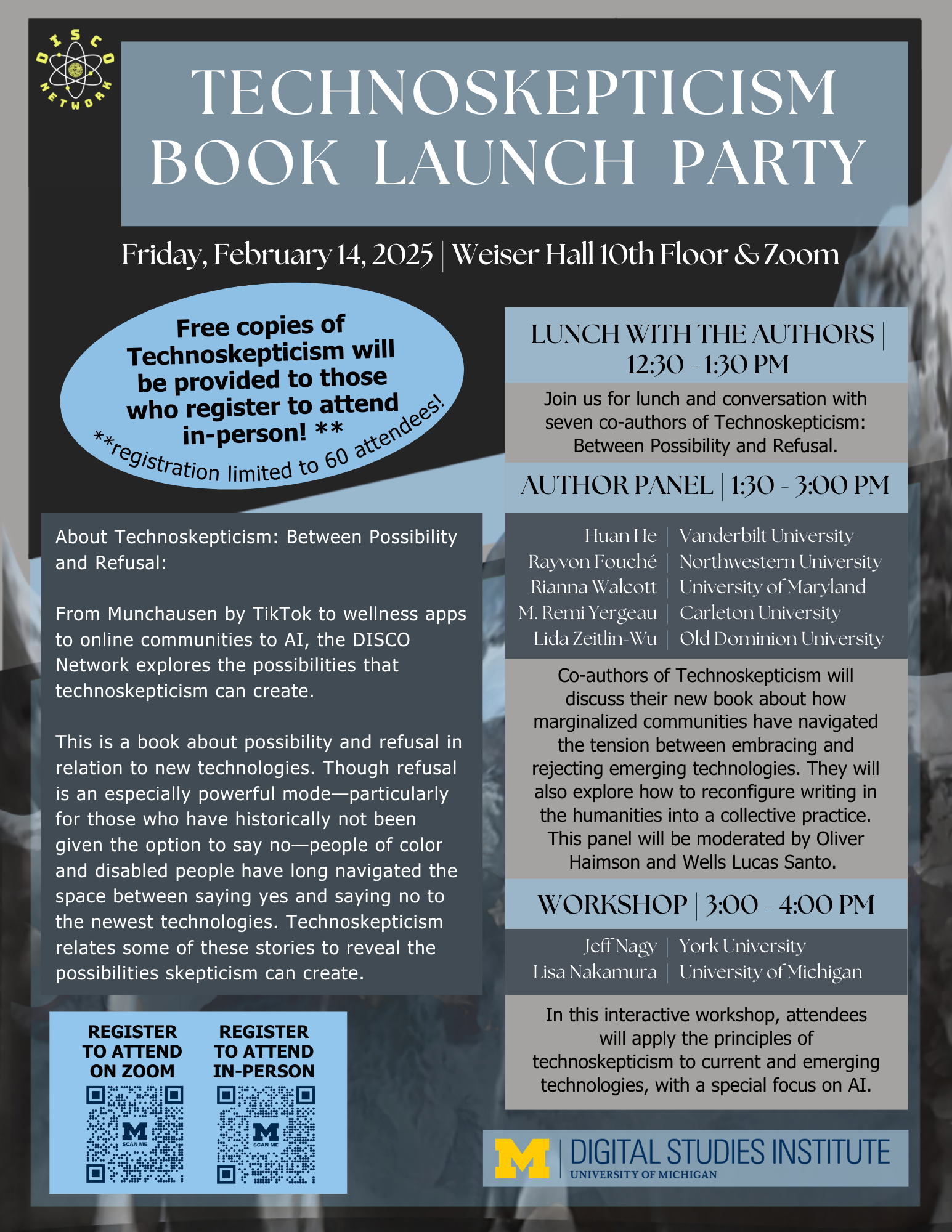 Flyer for the Technoskepticism Book Launch Party on February 14, 2025, with event details, schedule, and QR codes for registration.