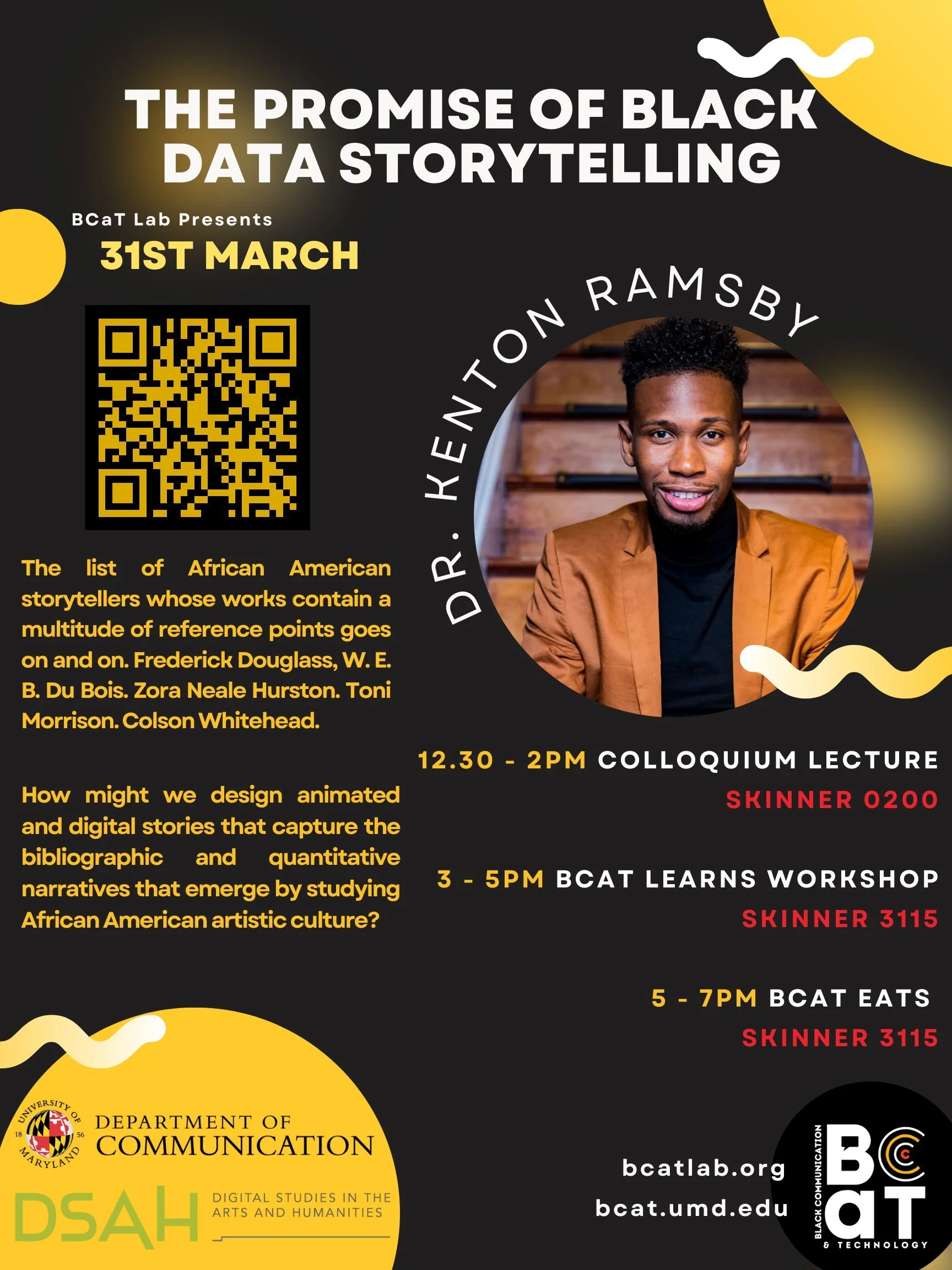 Flier features a dark background and yellow text, a circular photo of Kenton Ramsby, yellow circles and squiggles