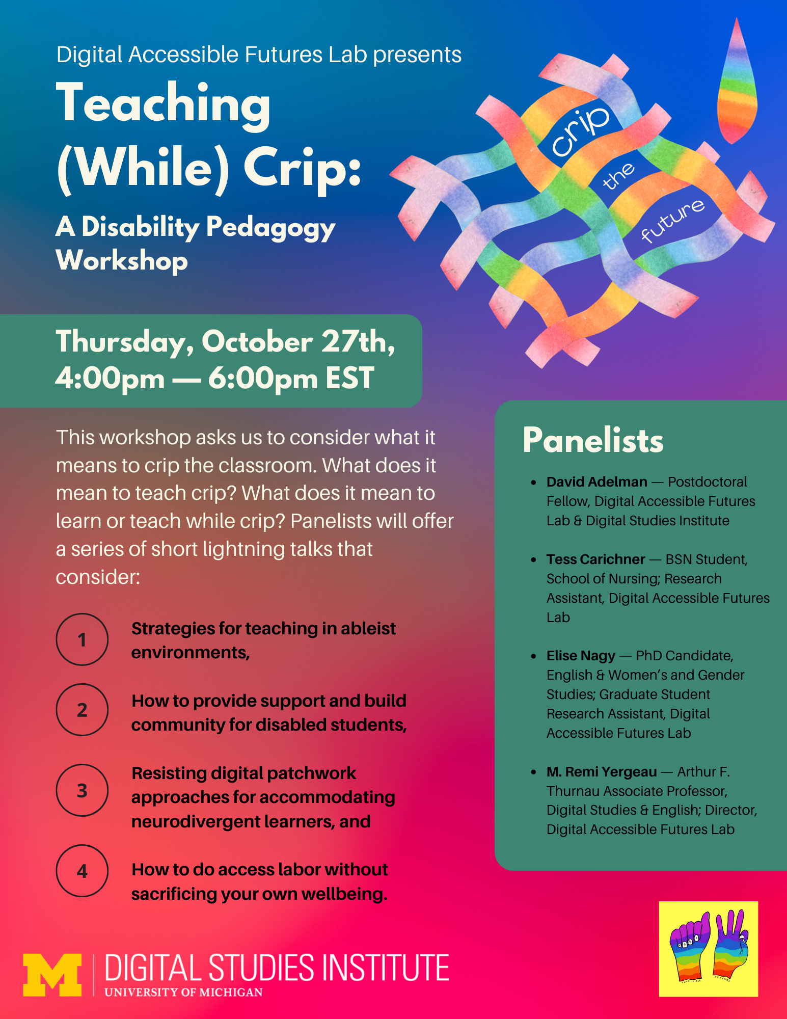 Flier features red and purple colors that fade together, a woven design that reads "crip the future", white and black text