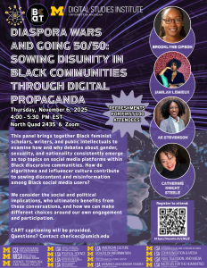 Event poster titled "Diaspora Wars and Going 50/50," featuring speaker portraits and event details in purple and black.