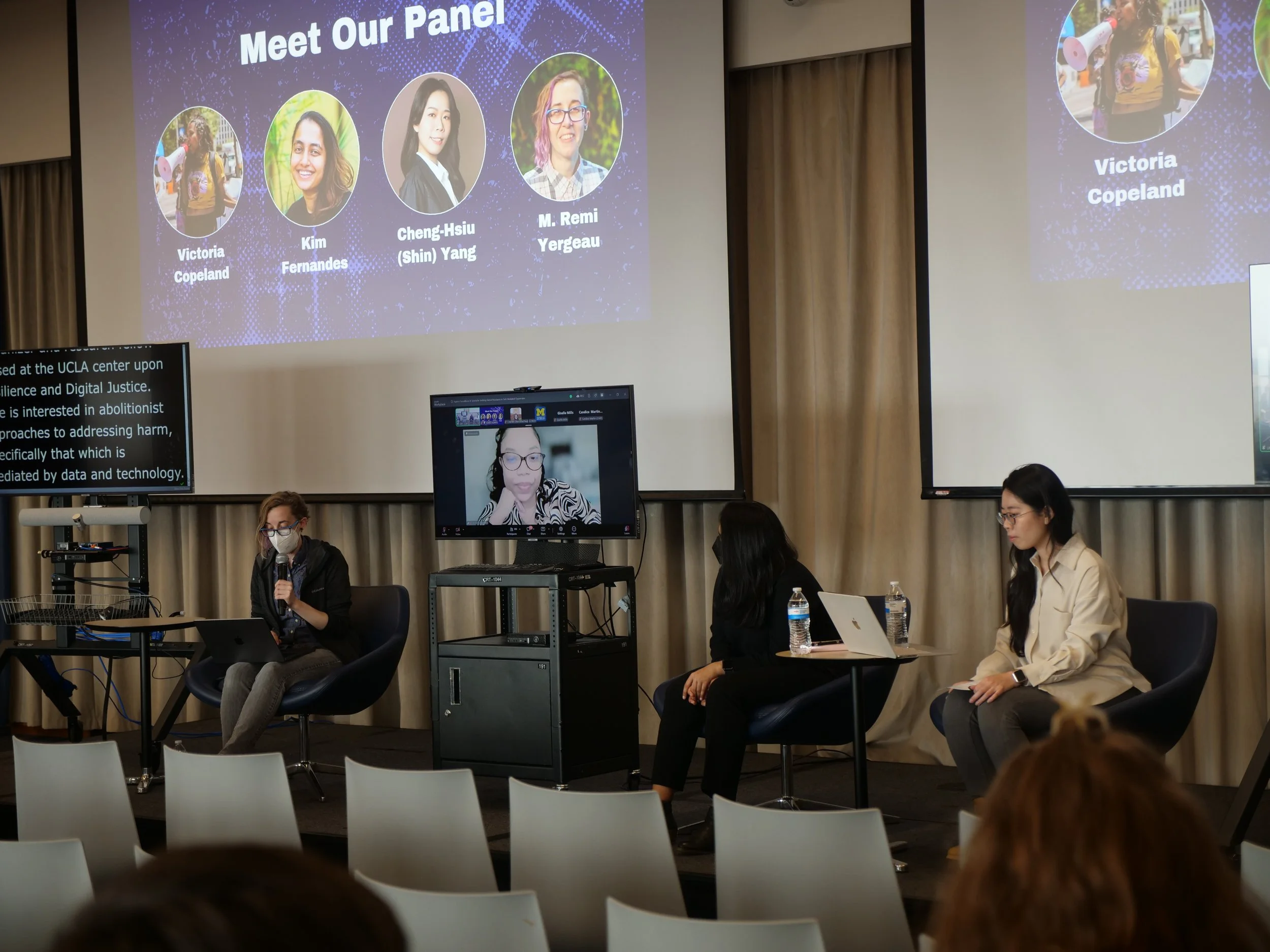Remi Yergeau, Victoria Copeland, Kim Fernandes, and Shin Yang speaking at a panel discussion.