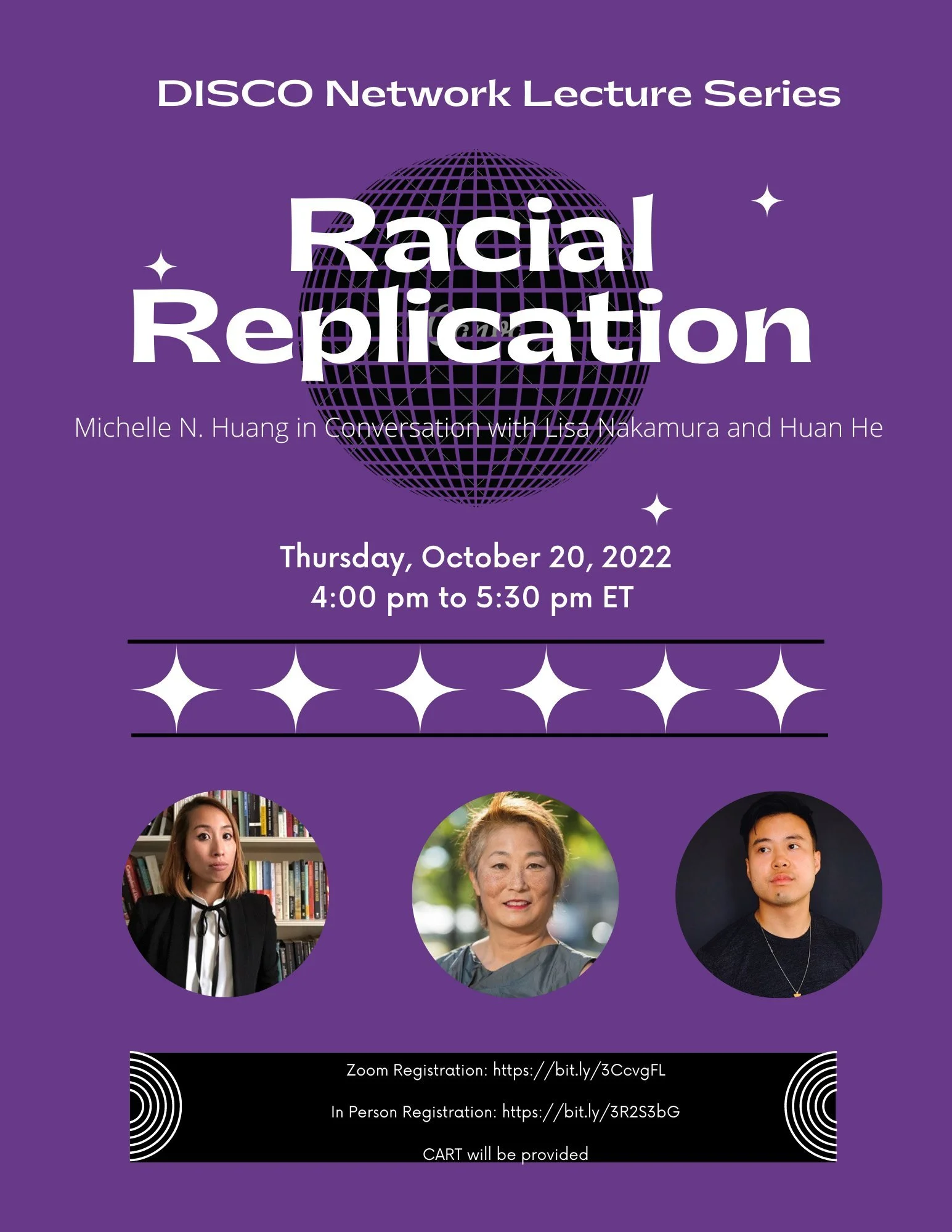Flier features a dark purple background, circular images of the speakers, stars, a disco ball, and black and white text