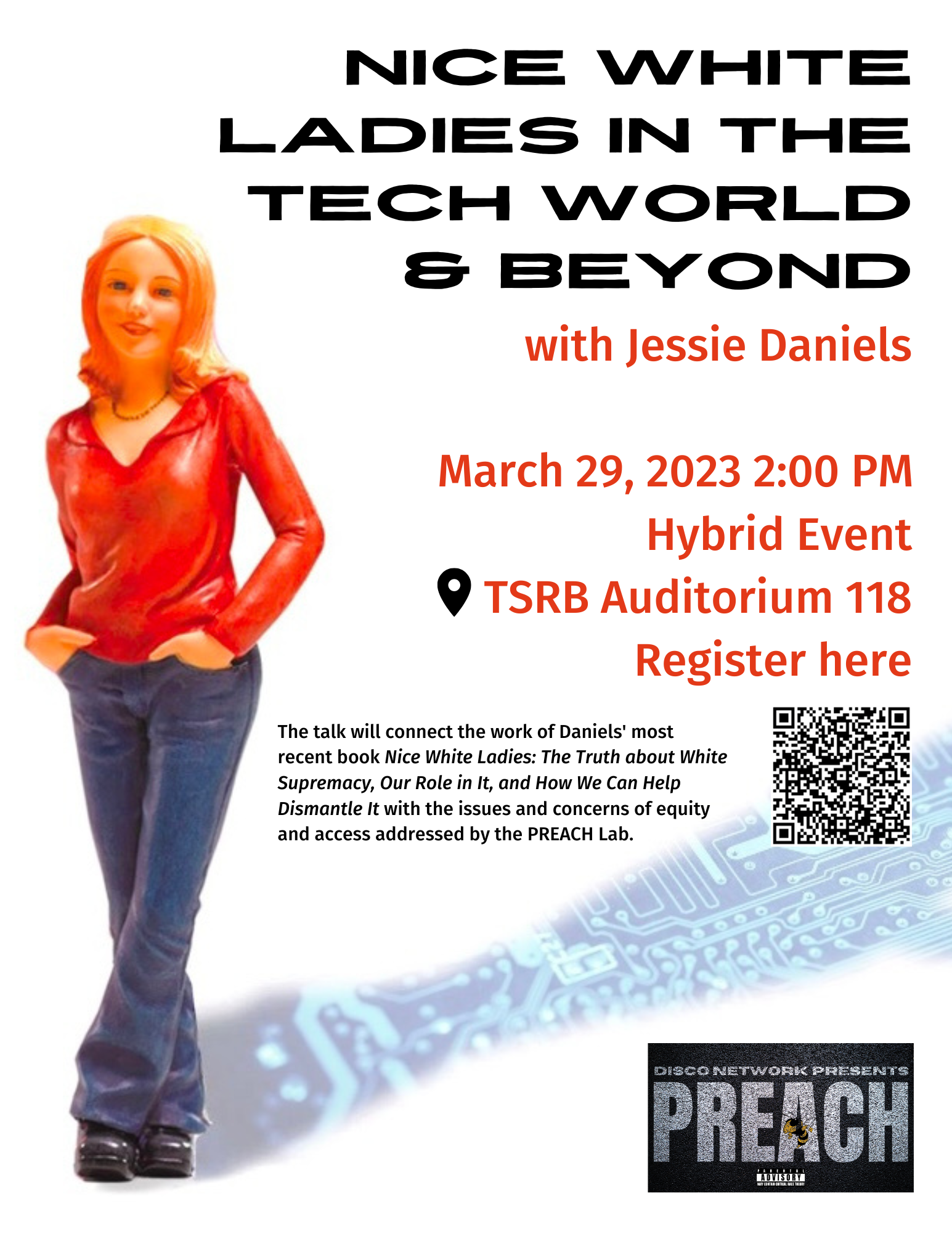 Flier features a white background, and an action figure of a white woman with jeans and a red top, whose shadow contains circuitry patterns