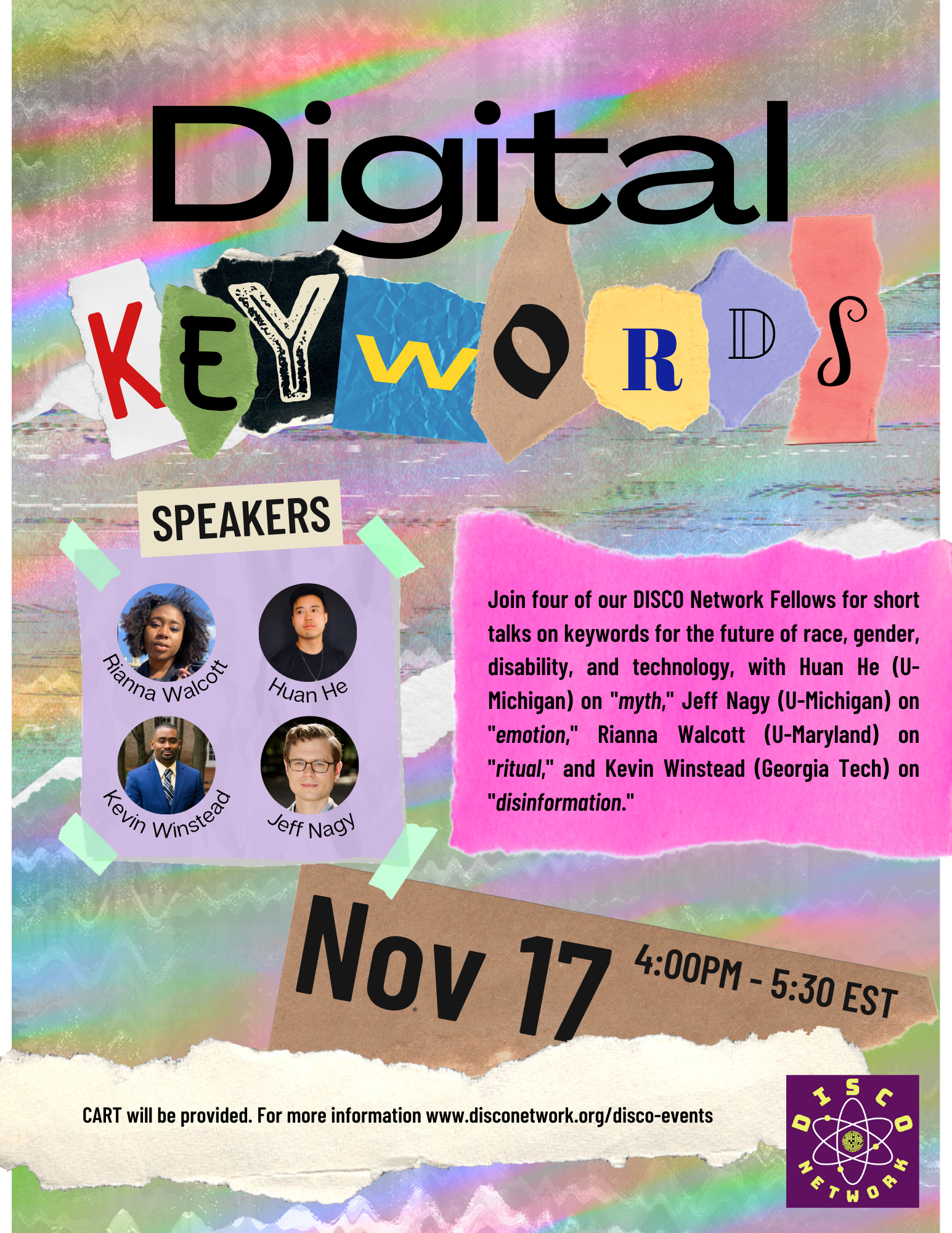 Flier features text and images that appear to be scrapbooked, or torn out of paper documents