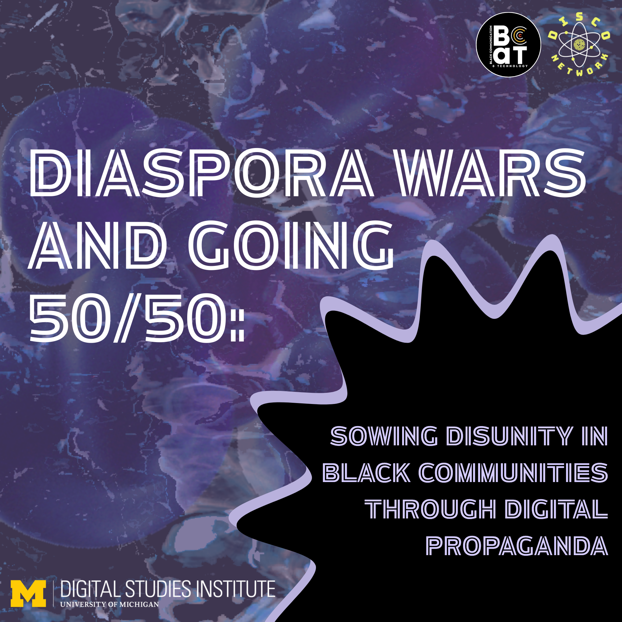 Thumbnail for "Diaspora Wars and Going 50/50" YouTube video. It features the title on the left against a purple and light gray abstract background. There is a black and purple spiked shape on the bottom right with the event subtitle.