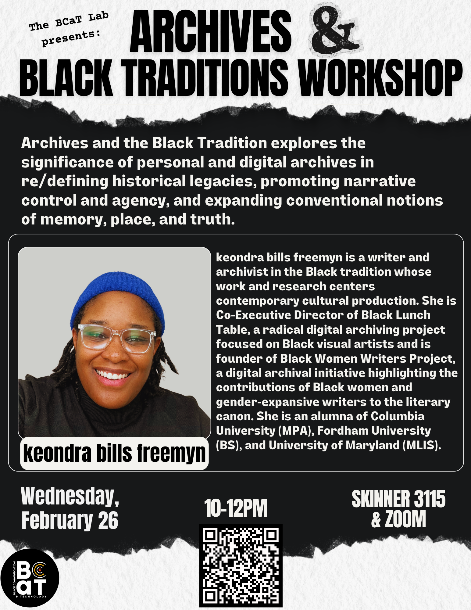 Event poster for Archives and Black Tradition with headshot of keondra bills freemyn