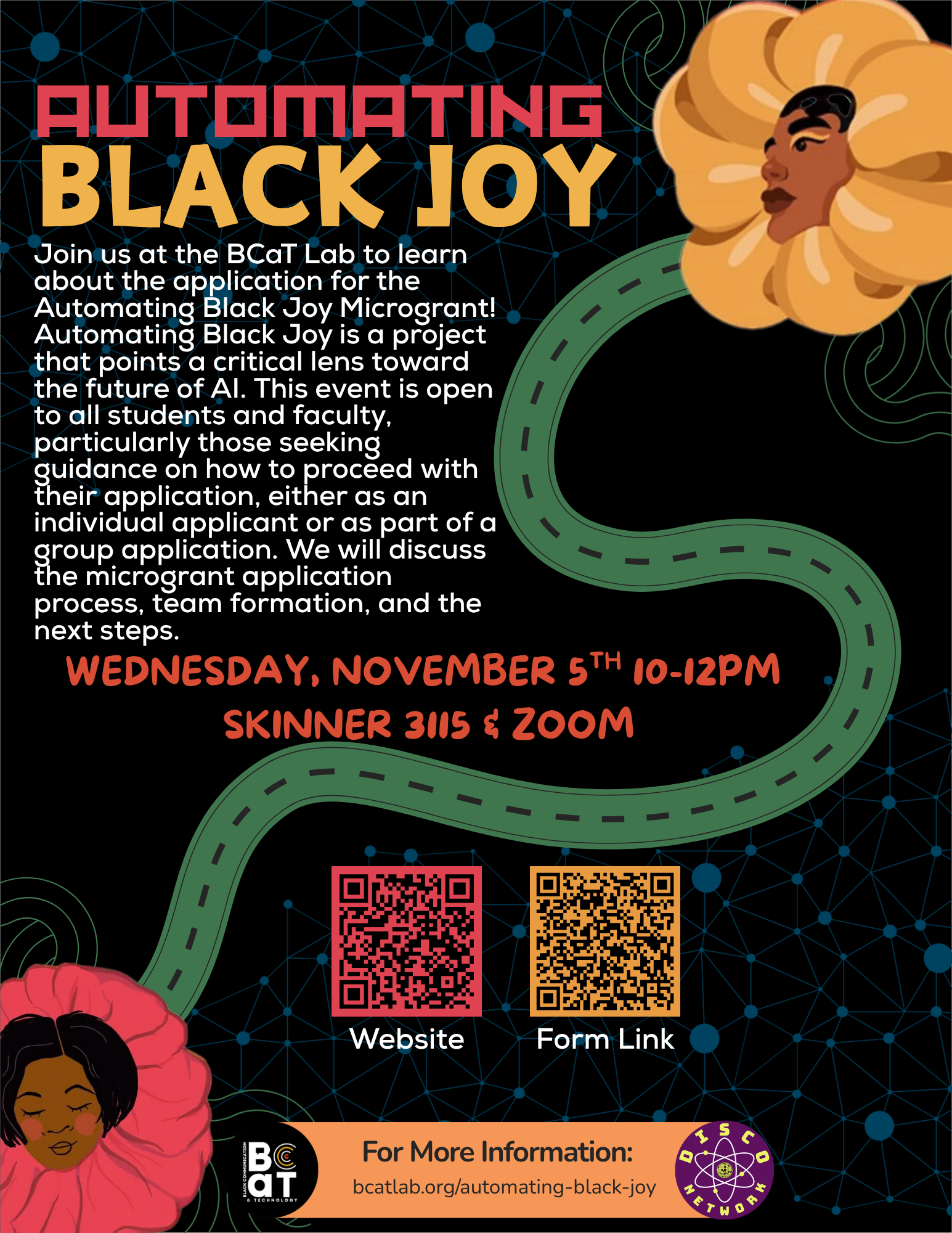 Promotional poster for "Automating Black Joy" event with title, text details, illustrations, QR codes, and logos.
