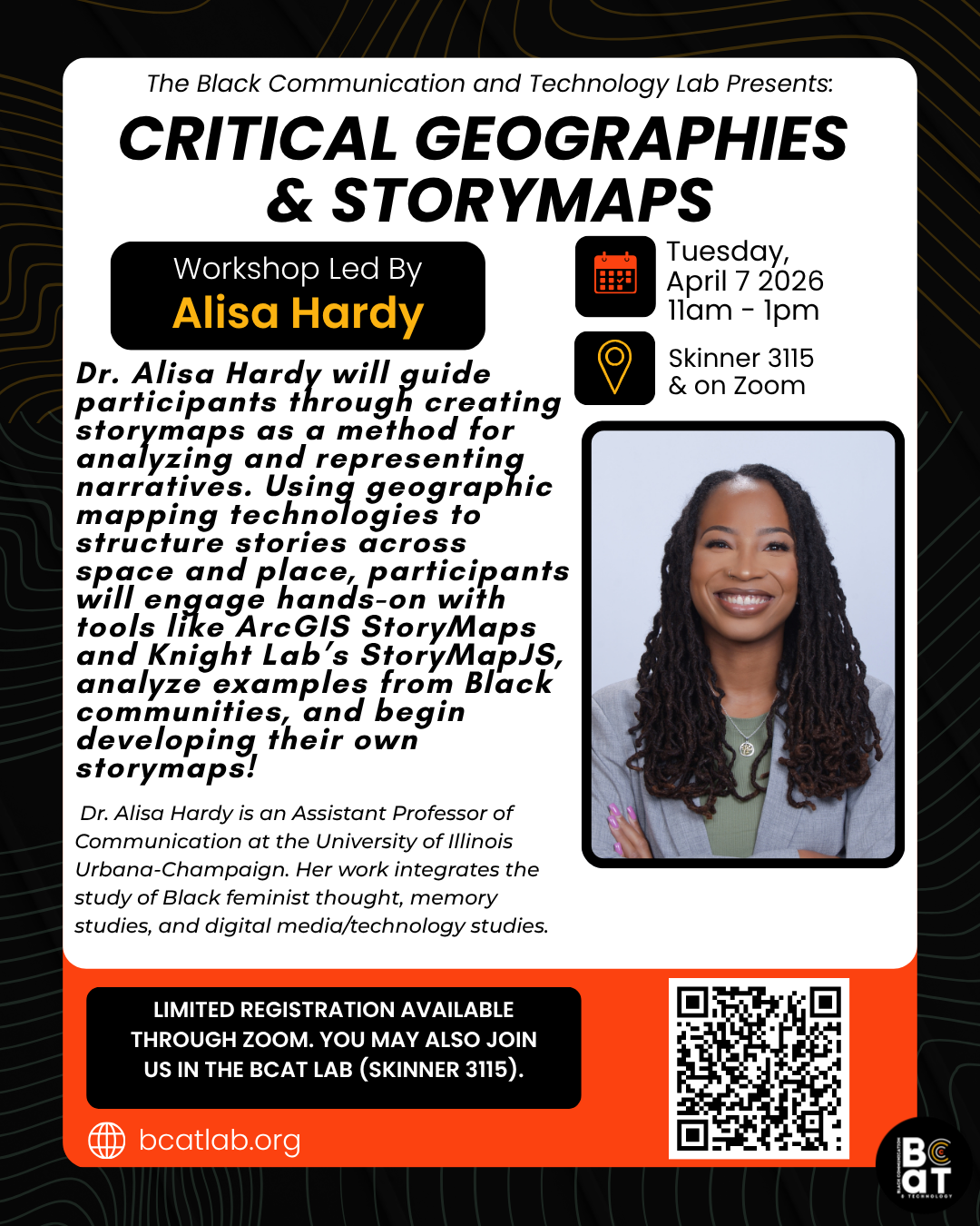 Promotional flyer for "Critical Geographies & Storymaps" workshop led by Alisa Hardy.