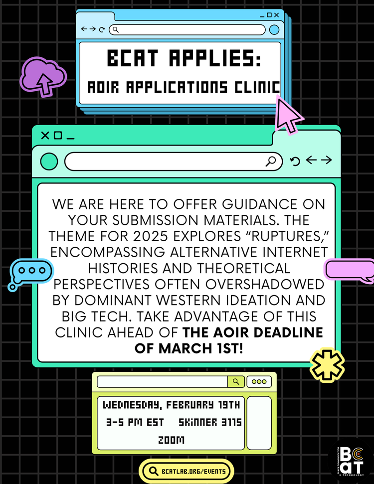 Event flier with computer window graphics about the BCAT AOIR Applications Clinic.