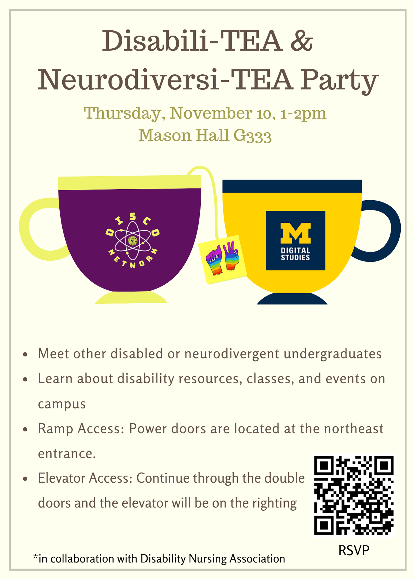 Flier features a light beige background, two cups with the DISCO and U-M logos, textual information, and a QR code