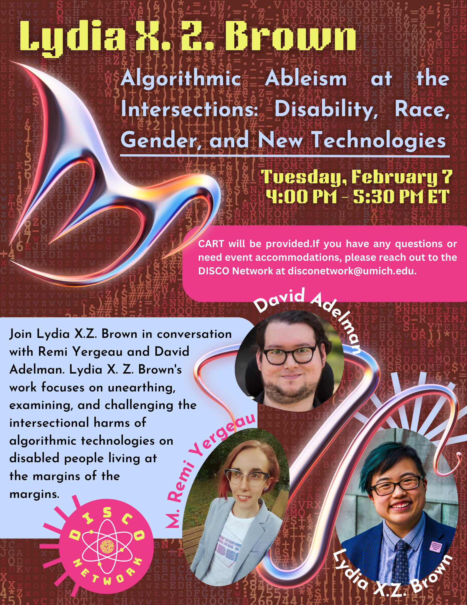 Flier features circular images of the speakers, yellow and pink and blue text, cyber design motifs
