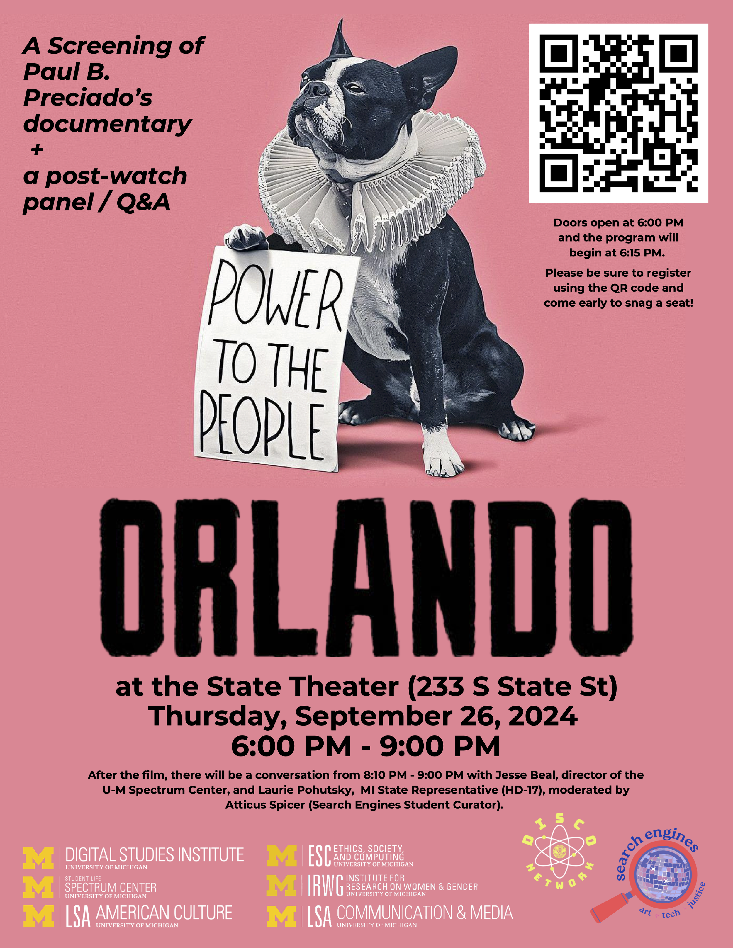 A pink background, a French bulldog with a ruffle collar has a paw on top fo a sign that reads "POWER TO THE PEOPLE", textual descriptions, co-sponsor logos