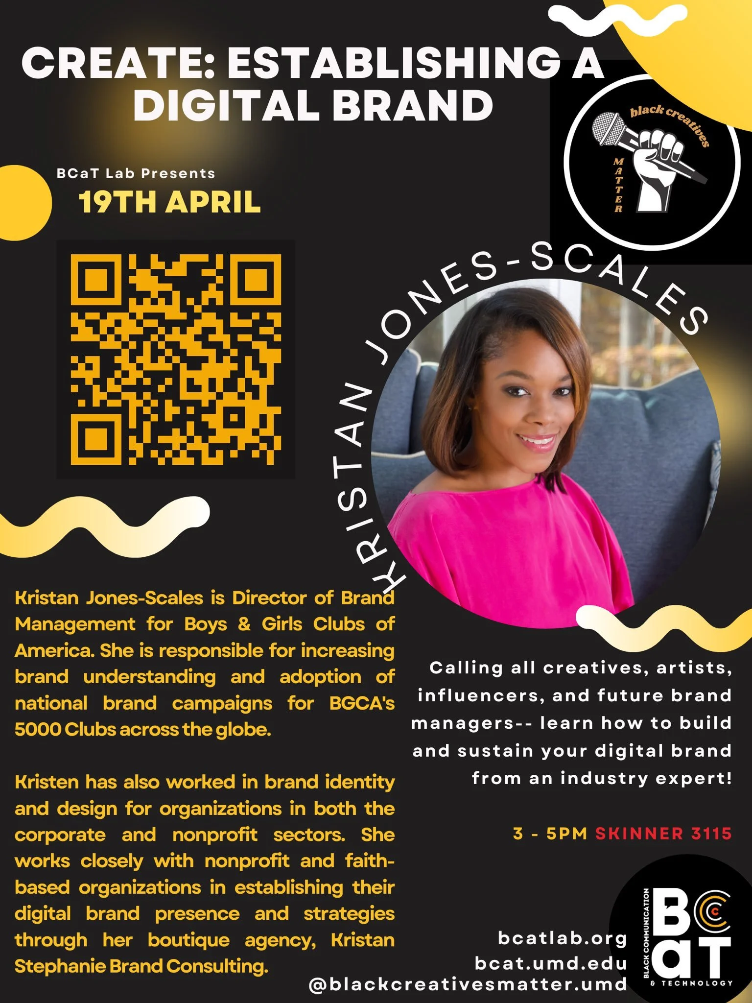 Flier features a dark background and yellow text, a photo of Kristan Jones-Scales, and yellow circles and squiggles