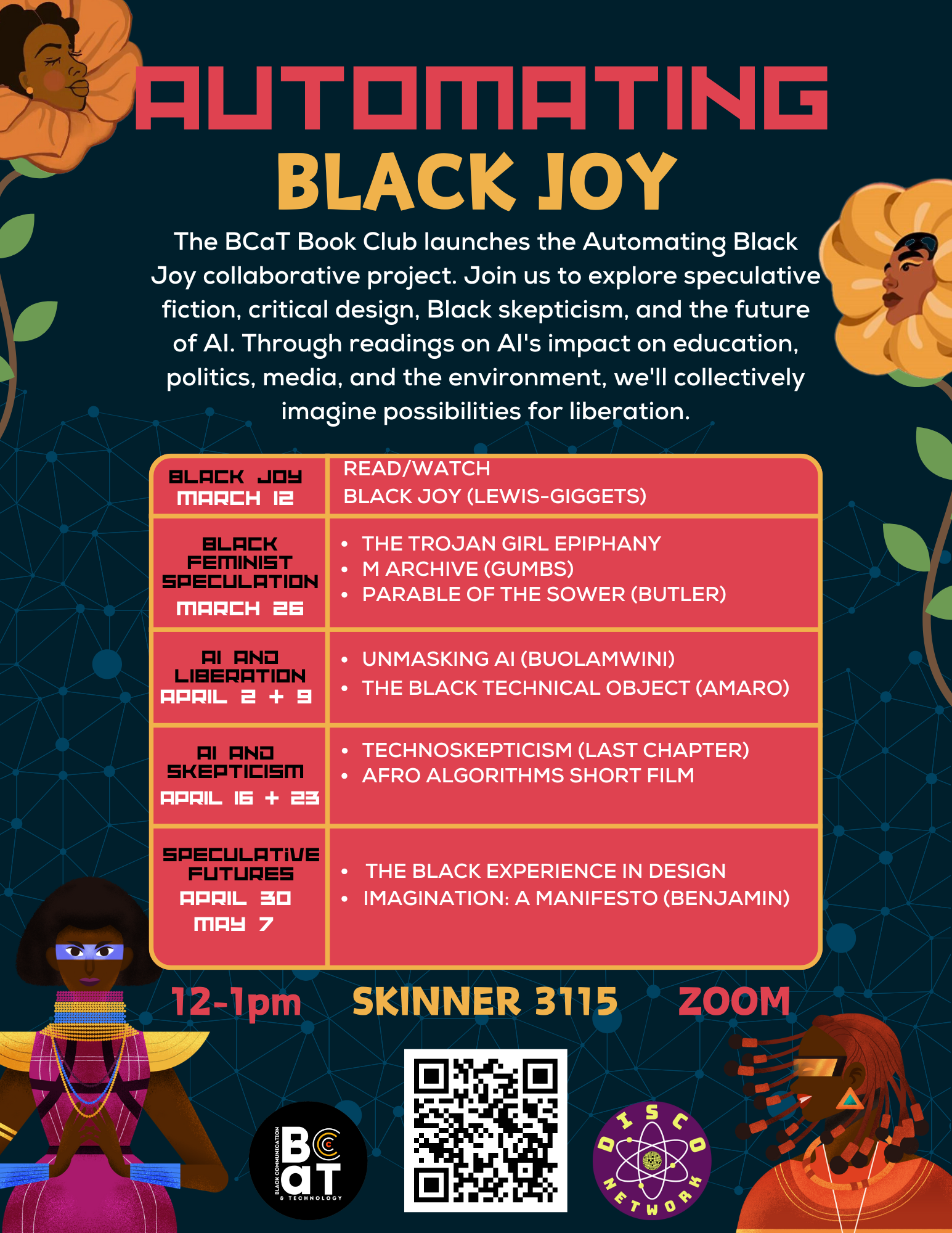 Promotional poster for the Automating Black Joy book club event with dates, readings, and illustrations.