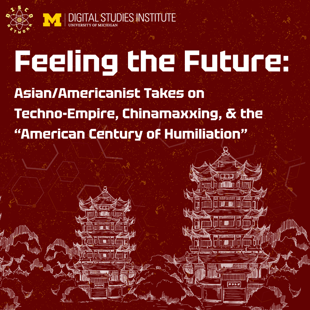 Red background with text "Feeling the Future" with white pagoda illustrations