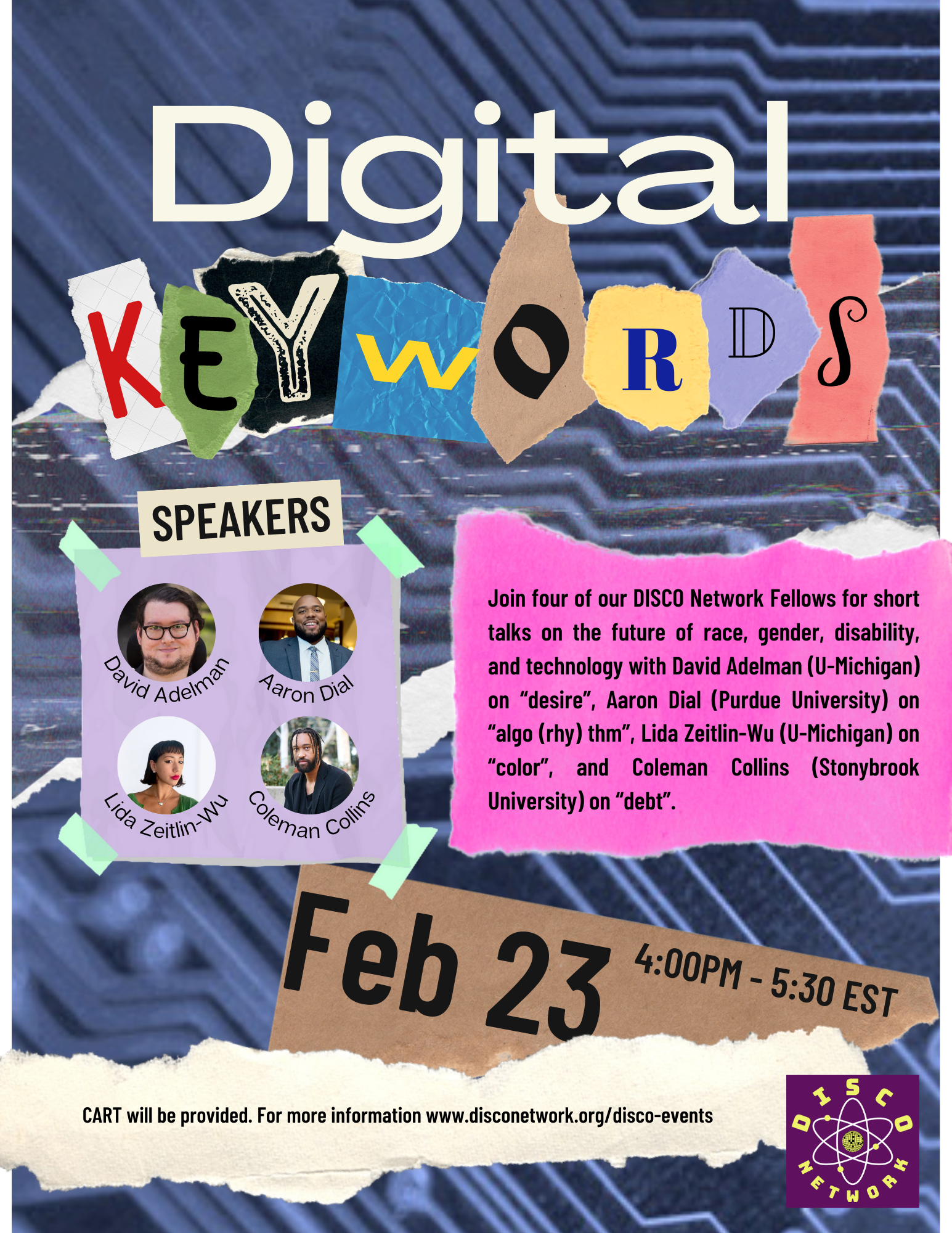 Flier features text and images that appear to be scrapbooked, or torn out of paper documents