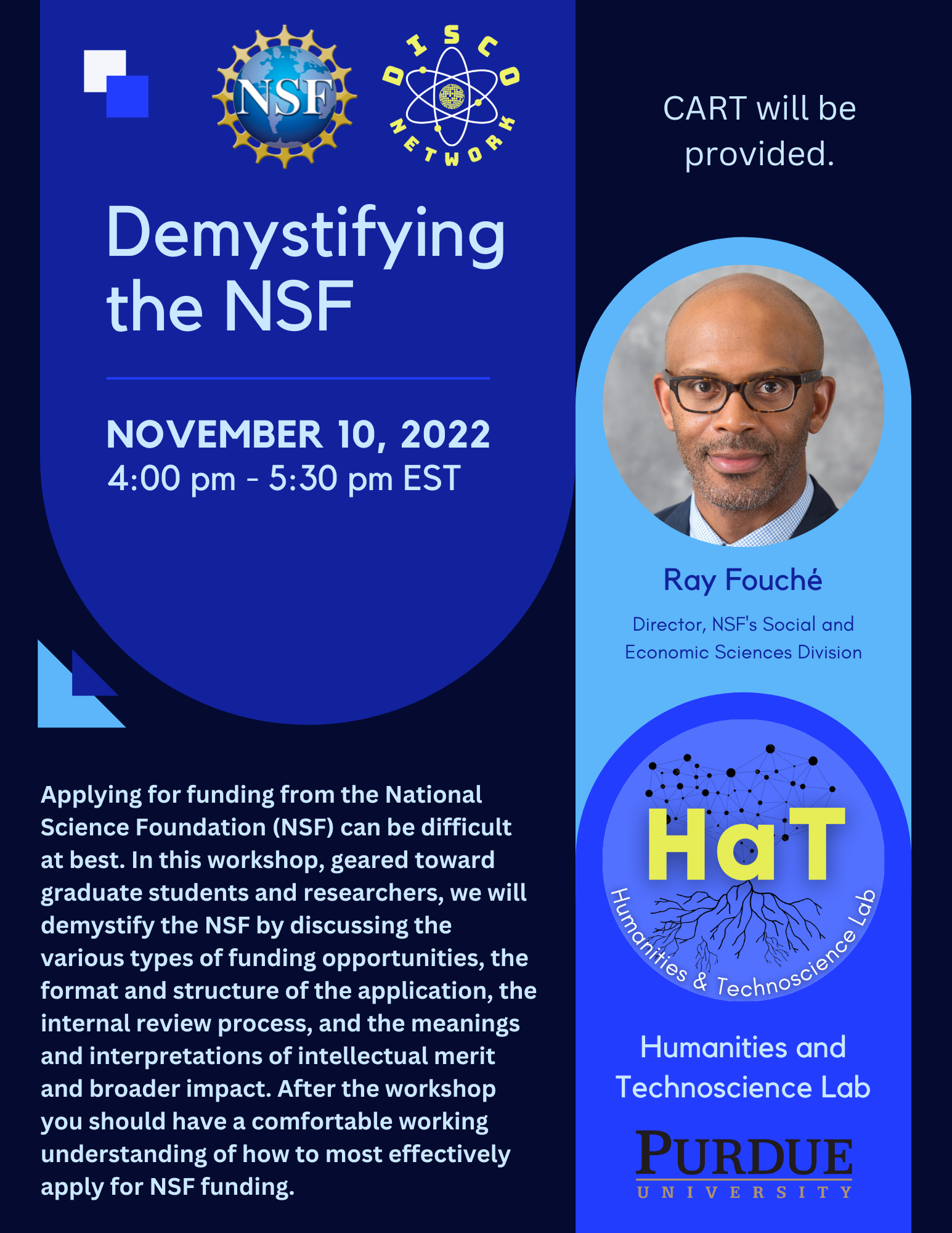 Flier features different shades of blue, geometric blocks of text, a HAT Lab logo, and an image of Rayvon Fouche