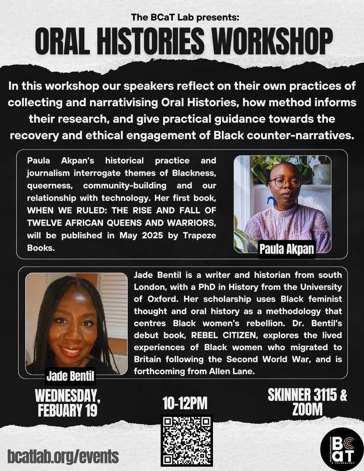 Poster for an "Oral Histories Workshop" featuring speaker profiles of Paula Akpan and Jade Bentil with event details and QR code.