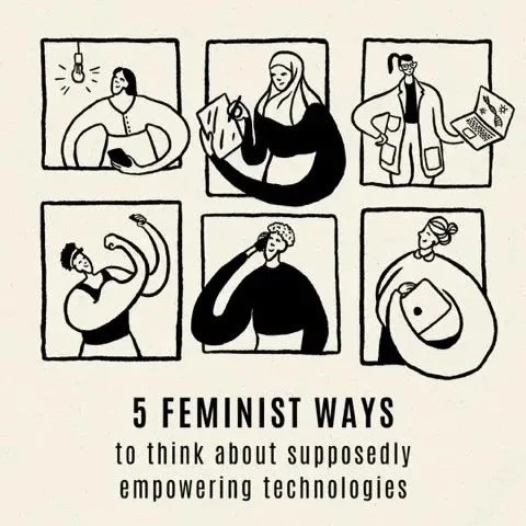 Illustrations of six individuals engaged in various activities related to technology, with text about feminist perspectives on empowering technologies.