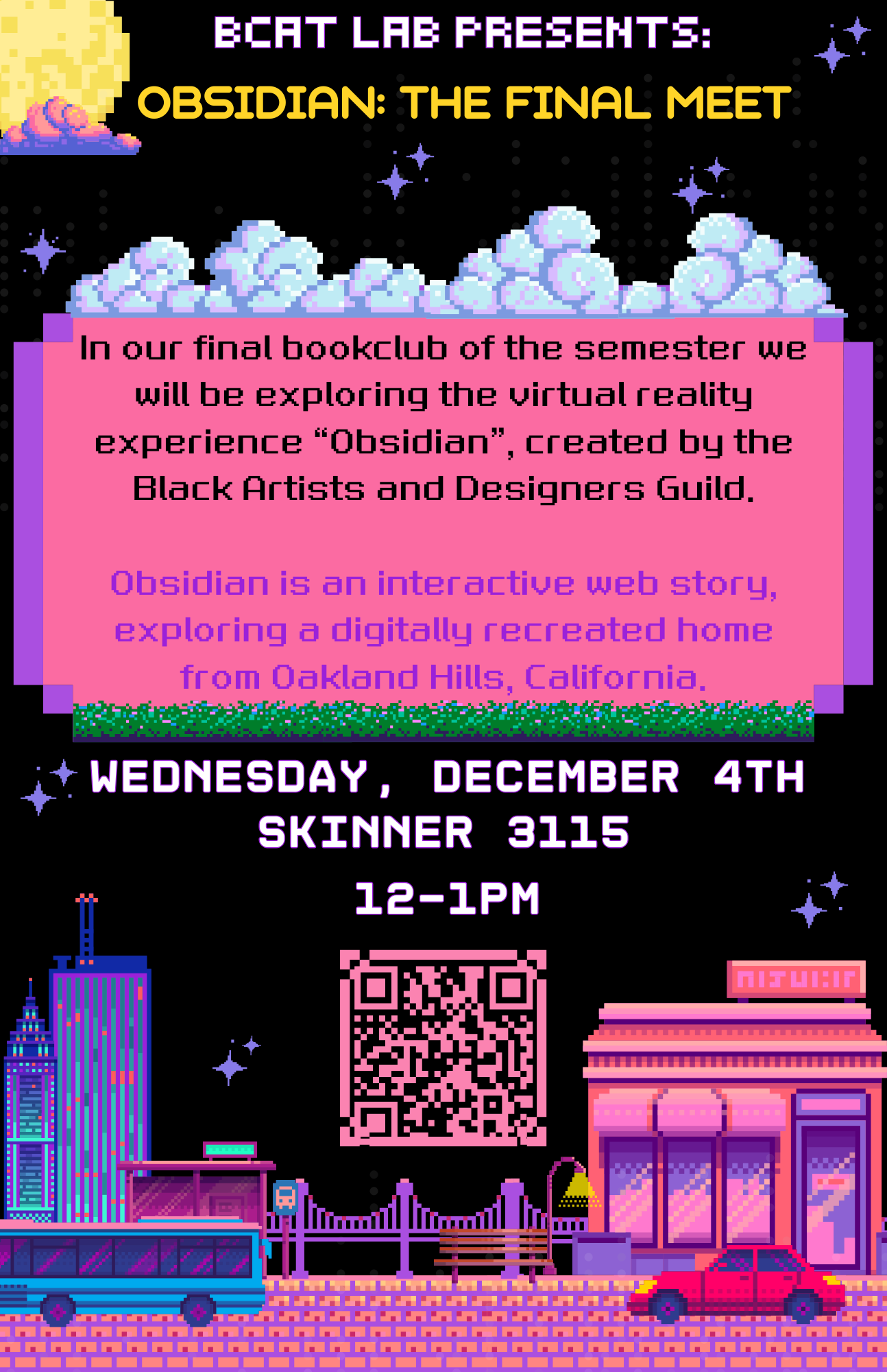 Retro-style poster for an event titled "Obsidian: The Final Meet", featuring pixel art with a cityscape, clouds, and a QR code.