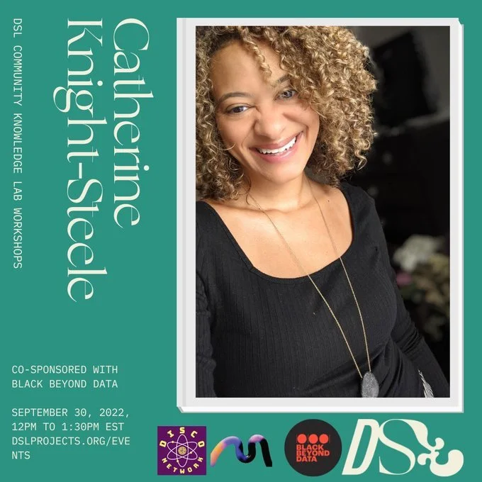 Flier features an image of Catherine Knight Steele, logos, a white border, white text