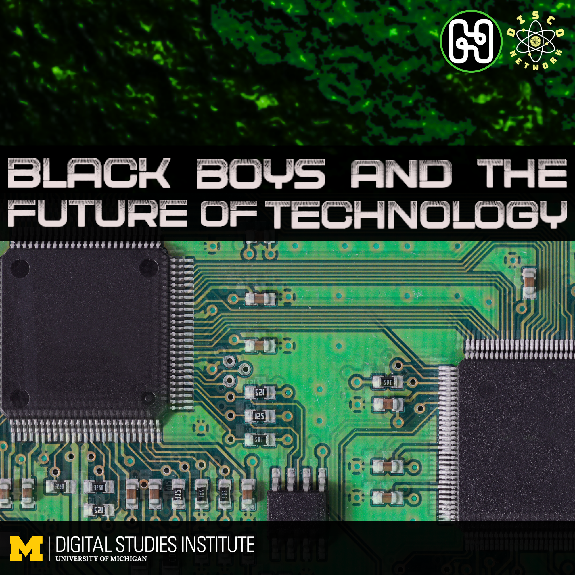 Thumbnail for "Black Boys and the Future of Technology" YouTube video. The title stretches across in bold silver font on the upper half, while the lower half is a close-up of green and gray circuitry.
