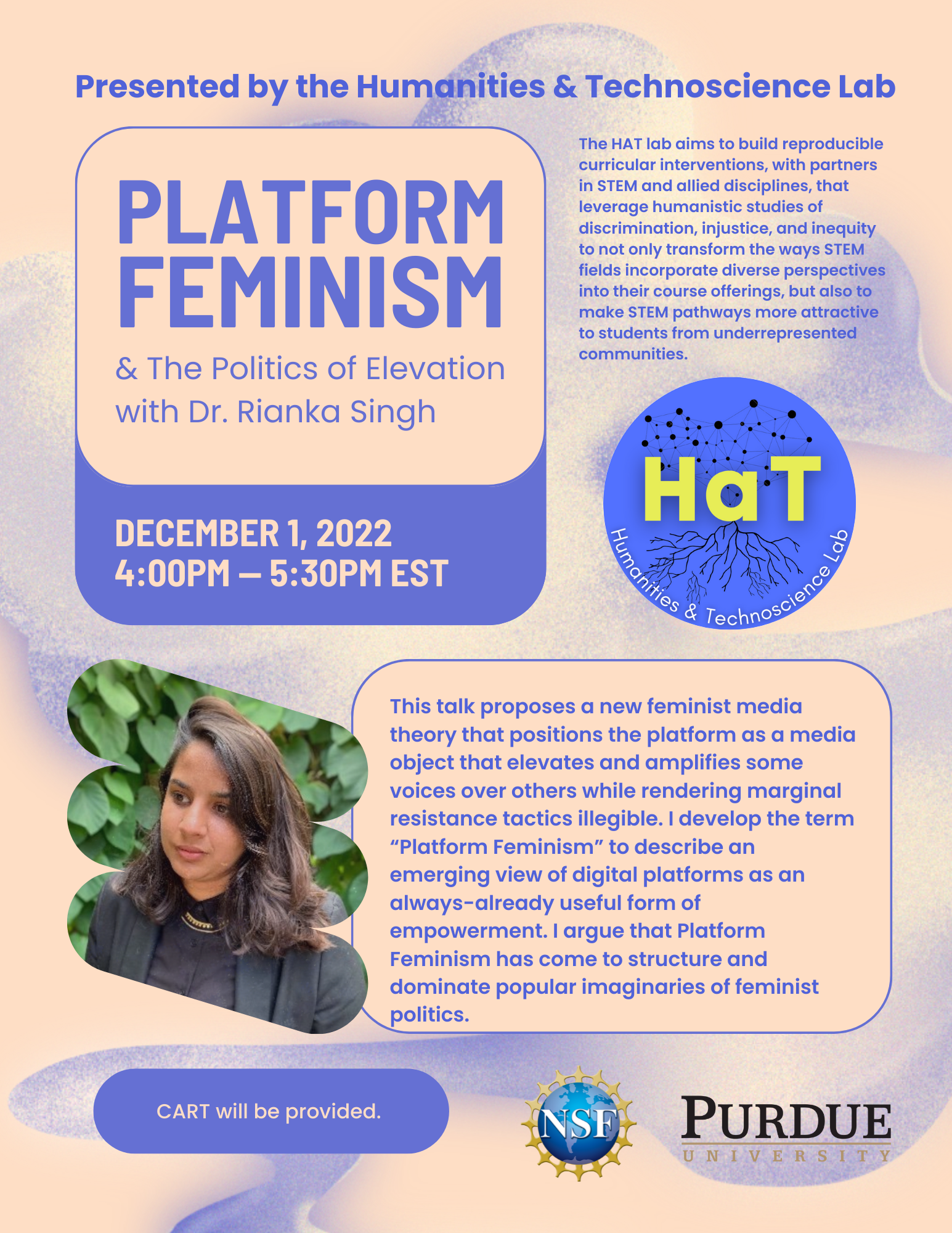 Flier features blobs of color, an image of the speaker, a HAT Lab logo
