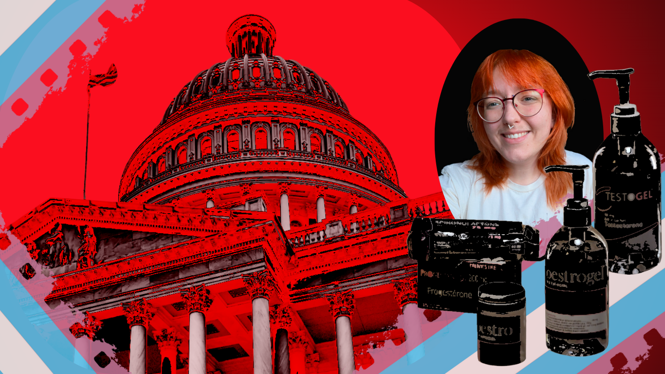 Stylized image of a government building with a red filter, framed by film strips in the colors of the trans flag. To the right is a smiling photo of Atticus Spicer and various darkened HRT supplies.