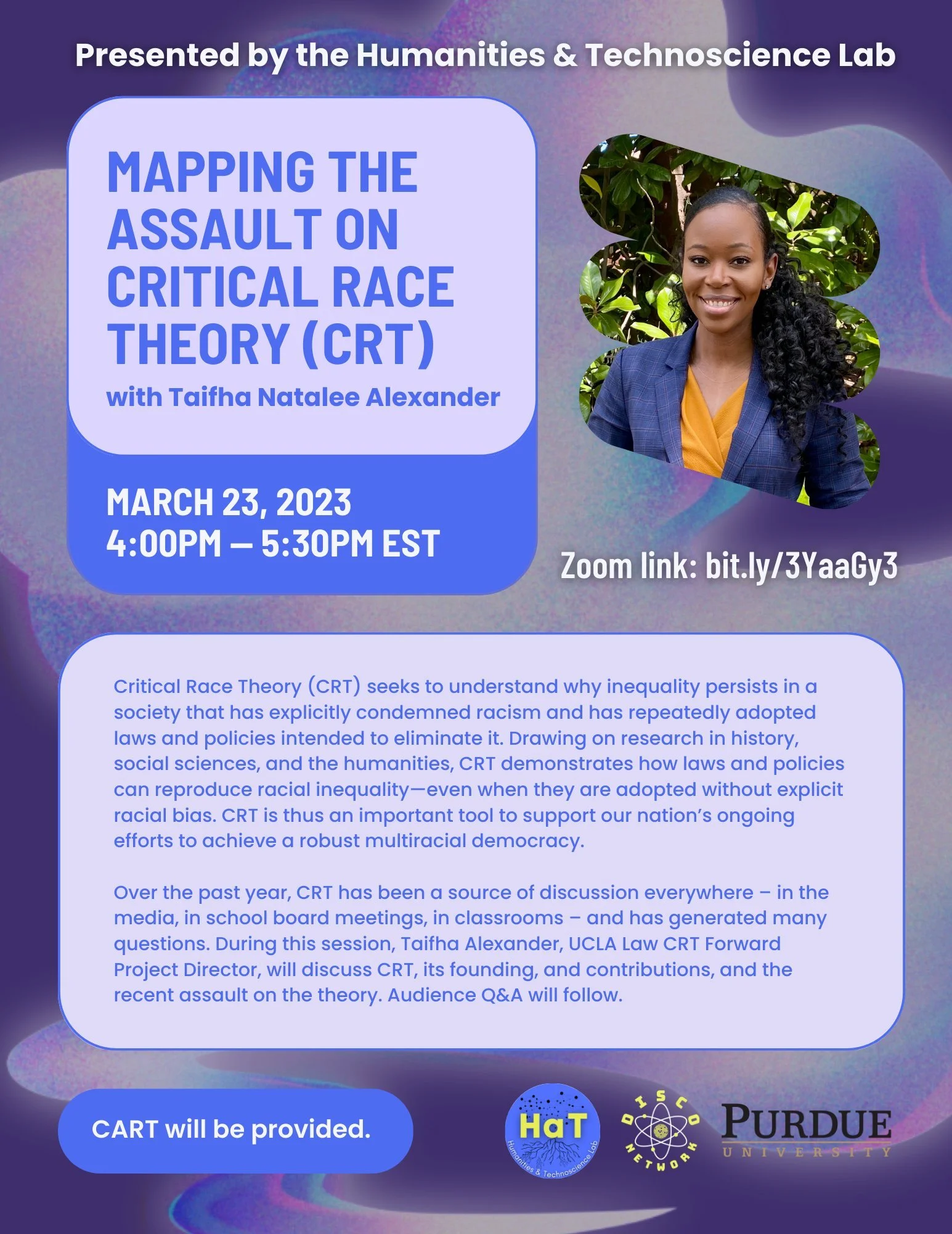 Flier features blobs of color, blue and purple text, an image of the speaker