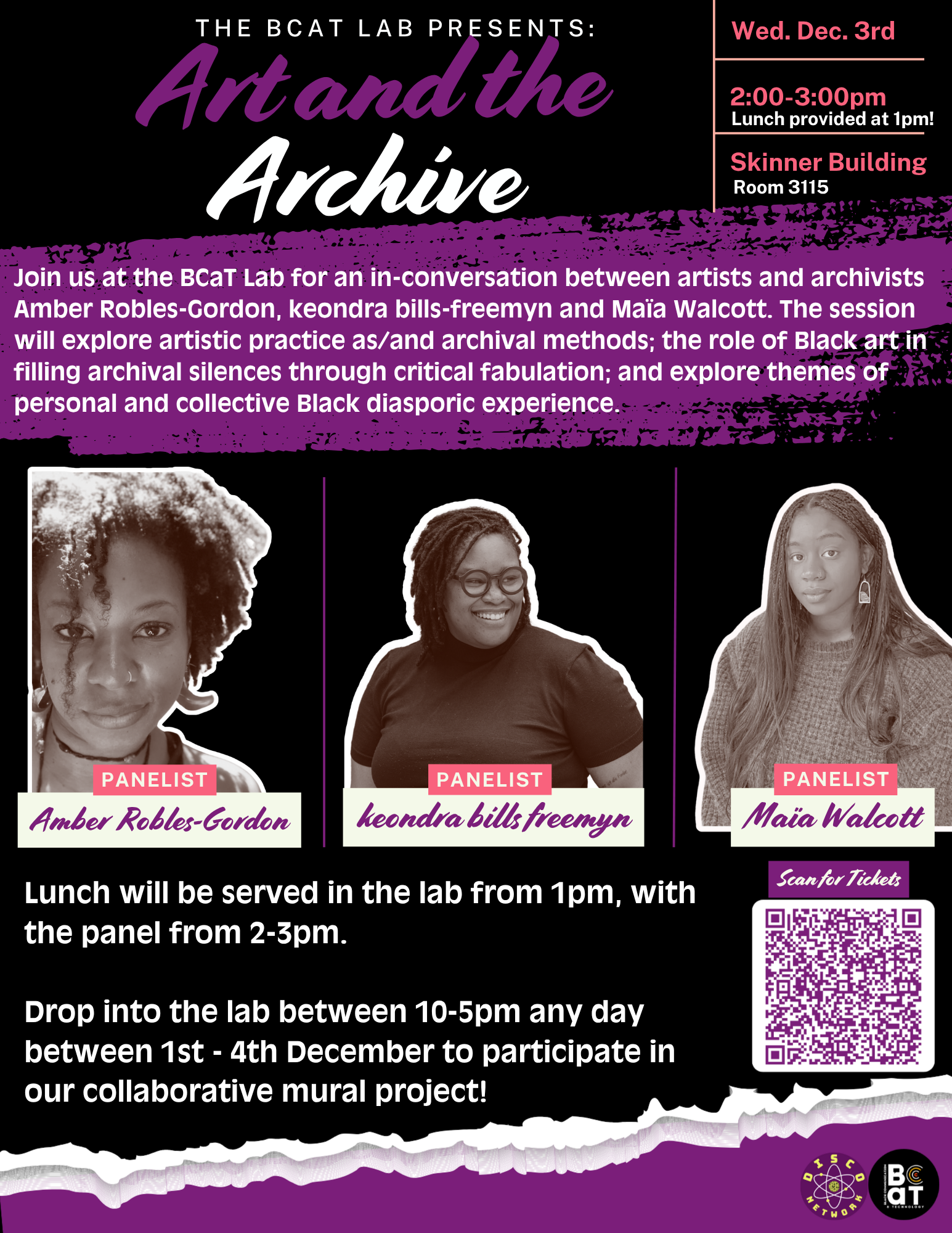 Event flyer titled "Art and the Archive" with panelist photos and event details.