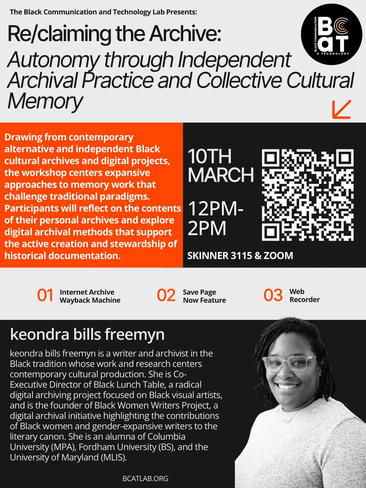 Event flyer for "Re/claiming the Archive" workshop by BCaT, with details, guest profile, and QR code.