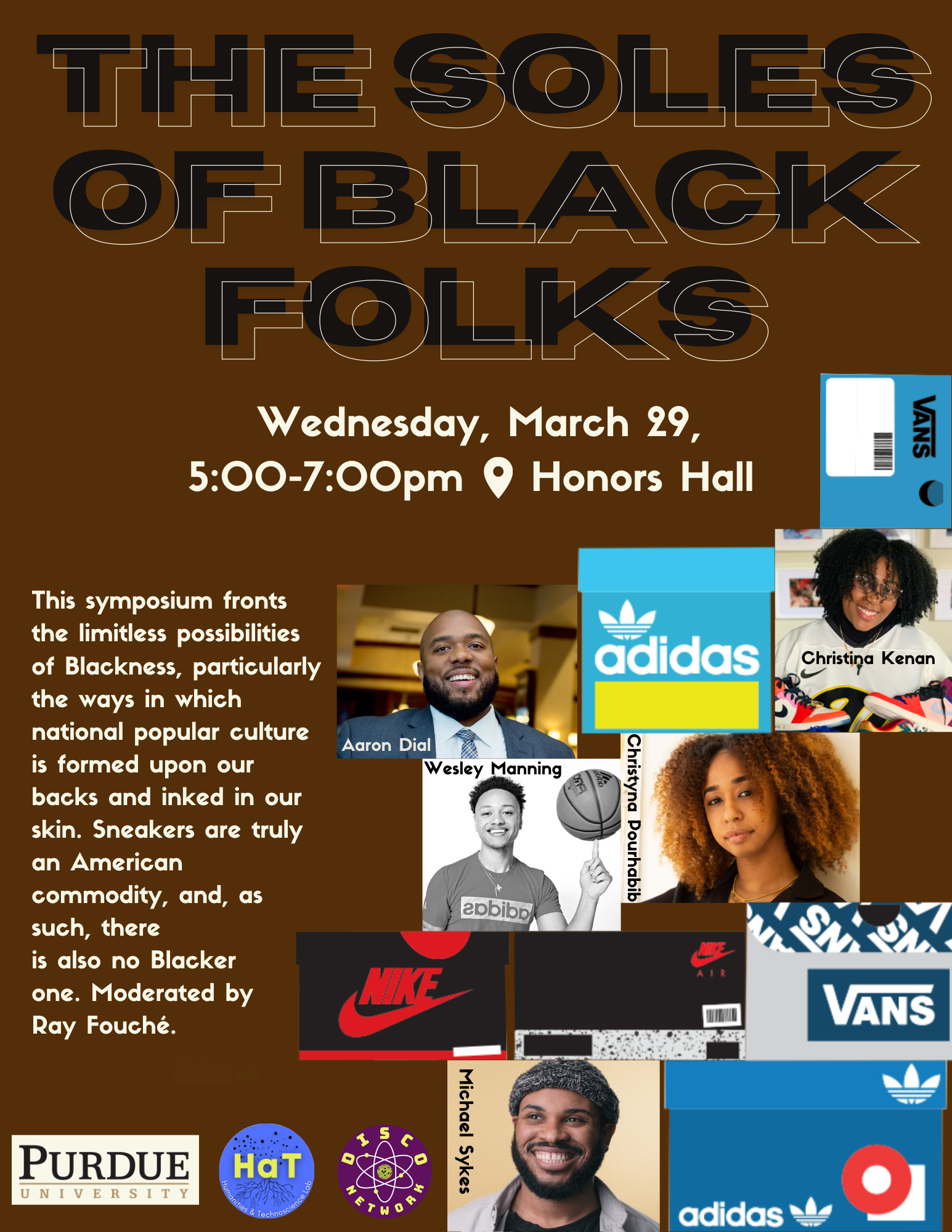 Flier features a dark green background, white and black text, sneaker brand logos, and images of the speakers