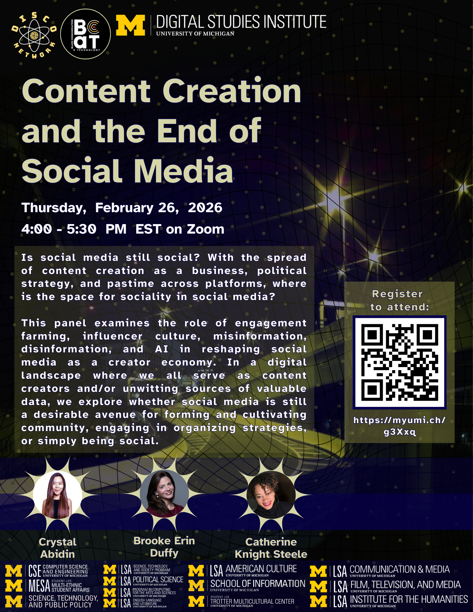 Flier for "Content Creation and the End of Social Media" event with a description, headshots of three speakers, and a QR code for registration. The background features a deep blue and mustard yellow highway on-ramp with bright streetlights at night.