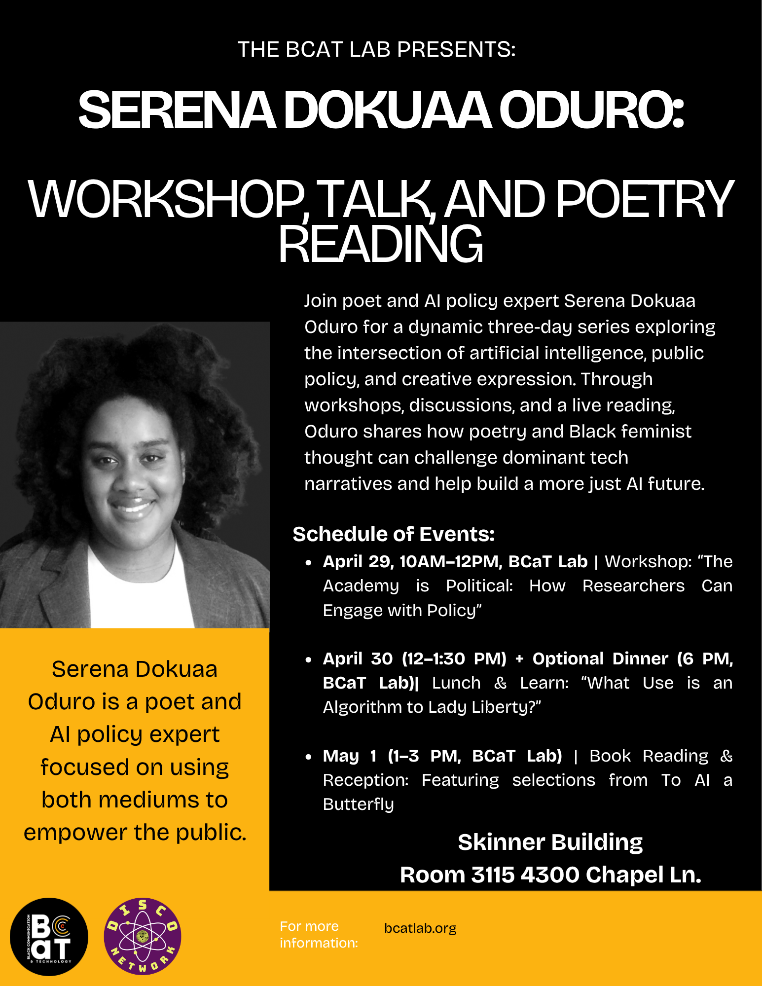 Promotional flyer for events by Serena Dokuaa Oduro at The BCAT Lab, featuring workshops, talks, and poetry readings.