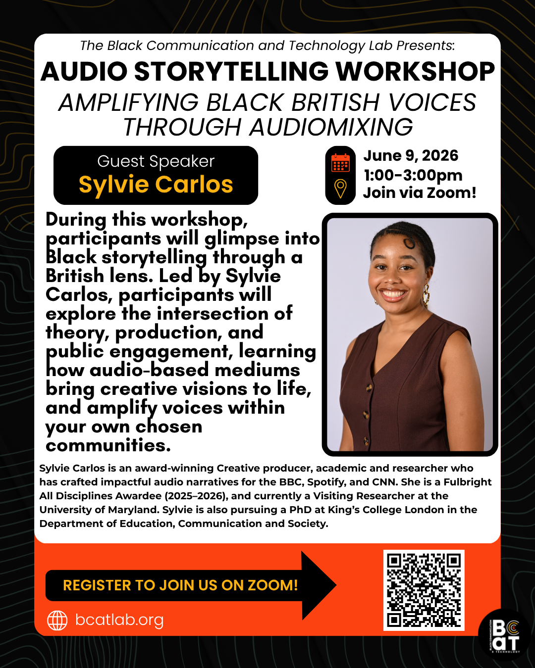 Flyer for an audio storytelling workshop featuring Sylvie Carlos