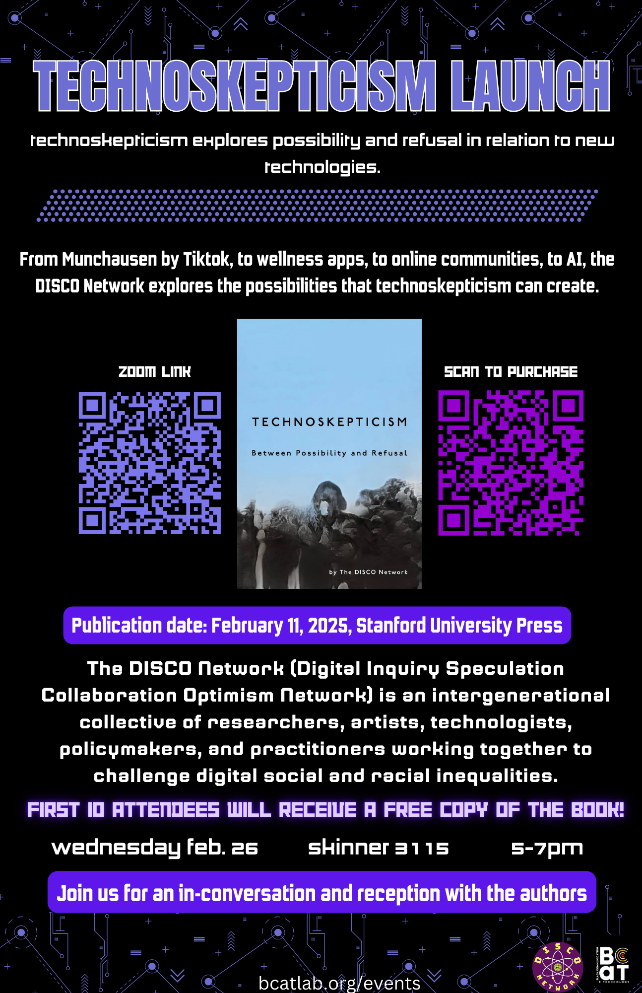 Event flier for BCaT Eats: Technoskepticism Launch