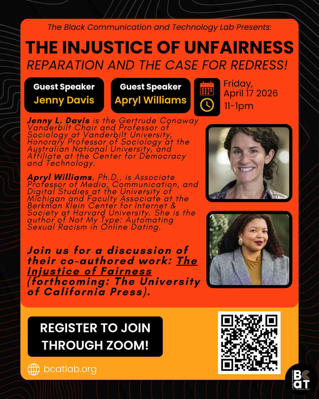 Event poster for "The Injustice of Unfairness" with speaker photos, details, and registration info.