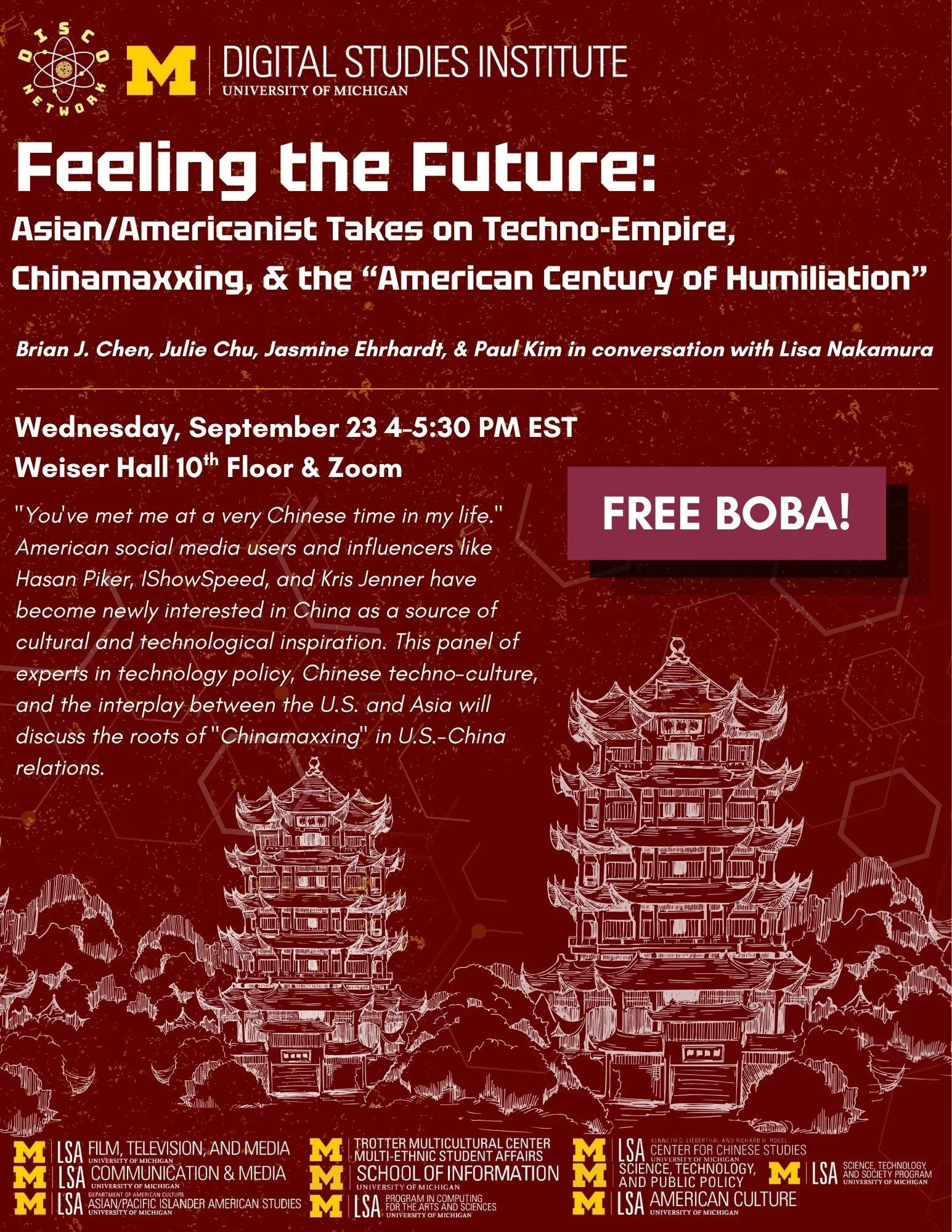 Event poster for “Feeling the Future,” a panel on Asian/Americanist perspectives, techno-empire, and “Chinamaxxing,” with pagoda illustrations and event details.