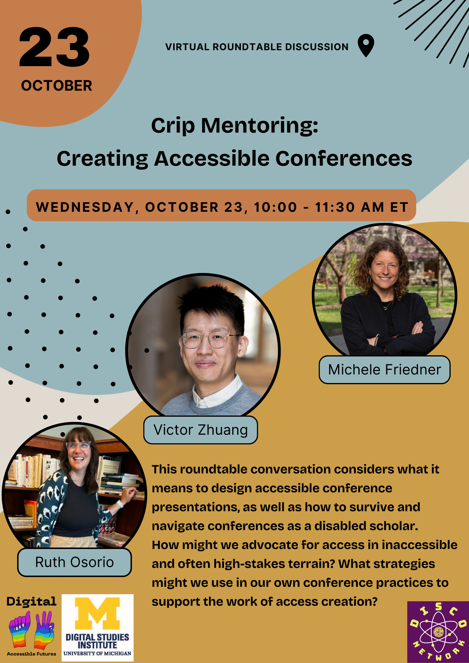 Flier features orange and gray circular shapes, pictures of the panelists, and black text