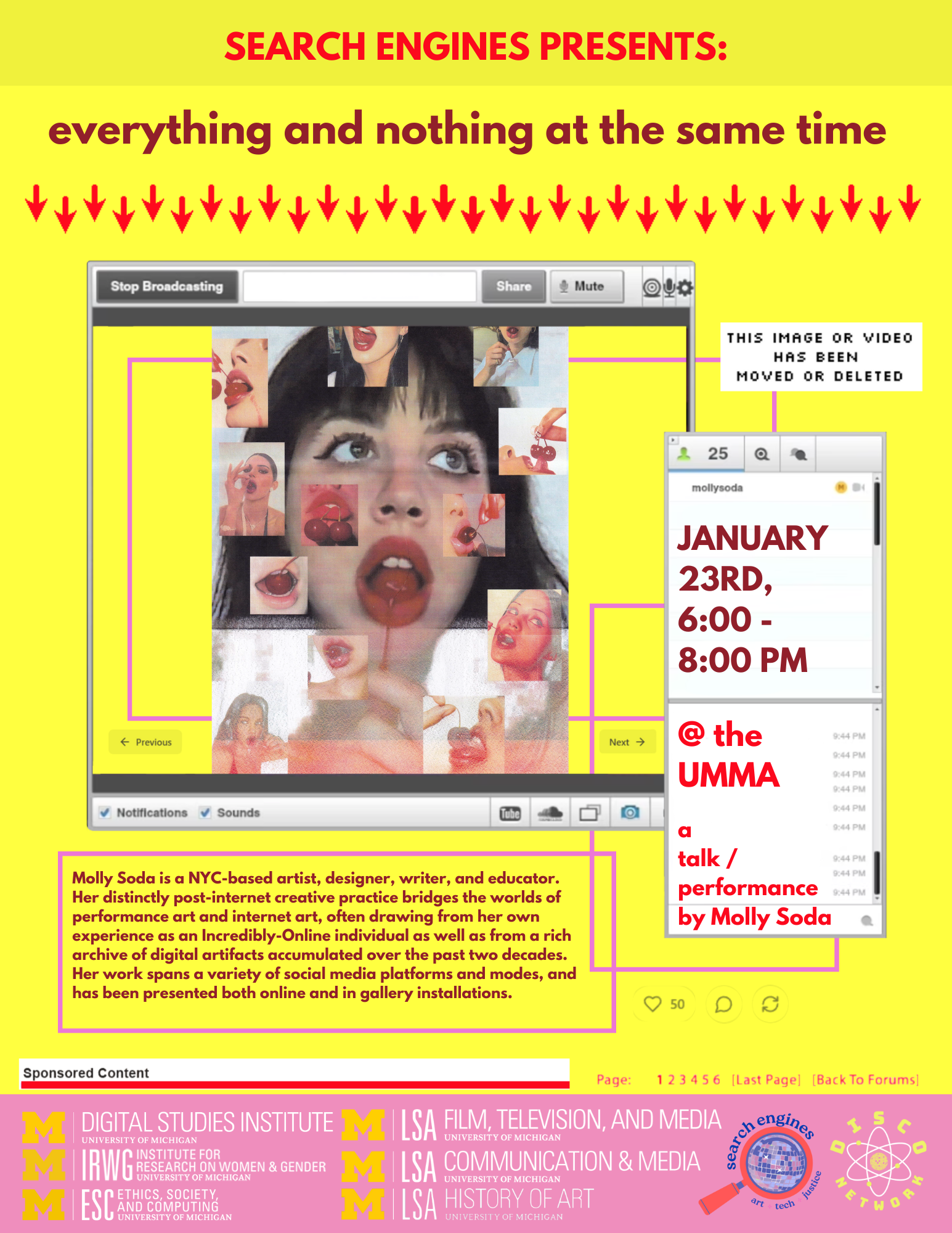 Event flier for Molly Soda's talk "everything and nothing at the same time" at the UMMA, on January 23, 2025. Old-school video-chatting interface and a chat box frame Molly's stylized picture against a bright yellow background.
