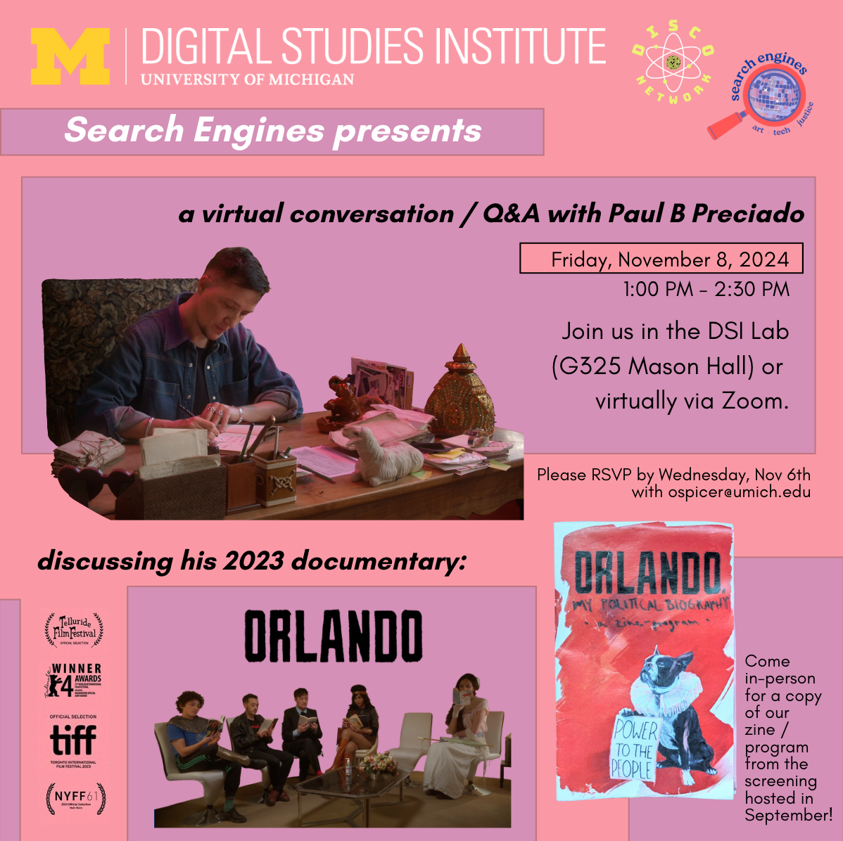 Flier features a pink background, ripped paper-like edges, black textual description, and images from the film