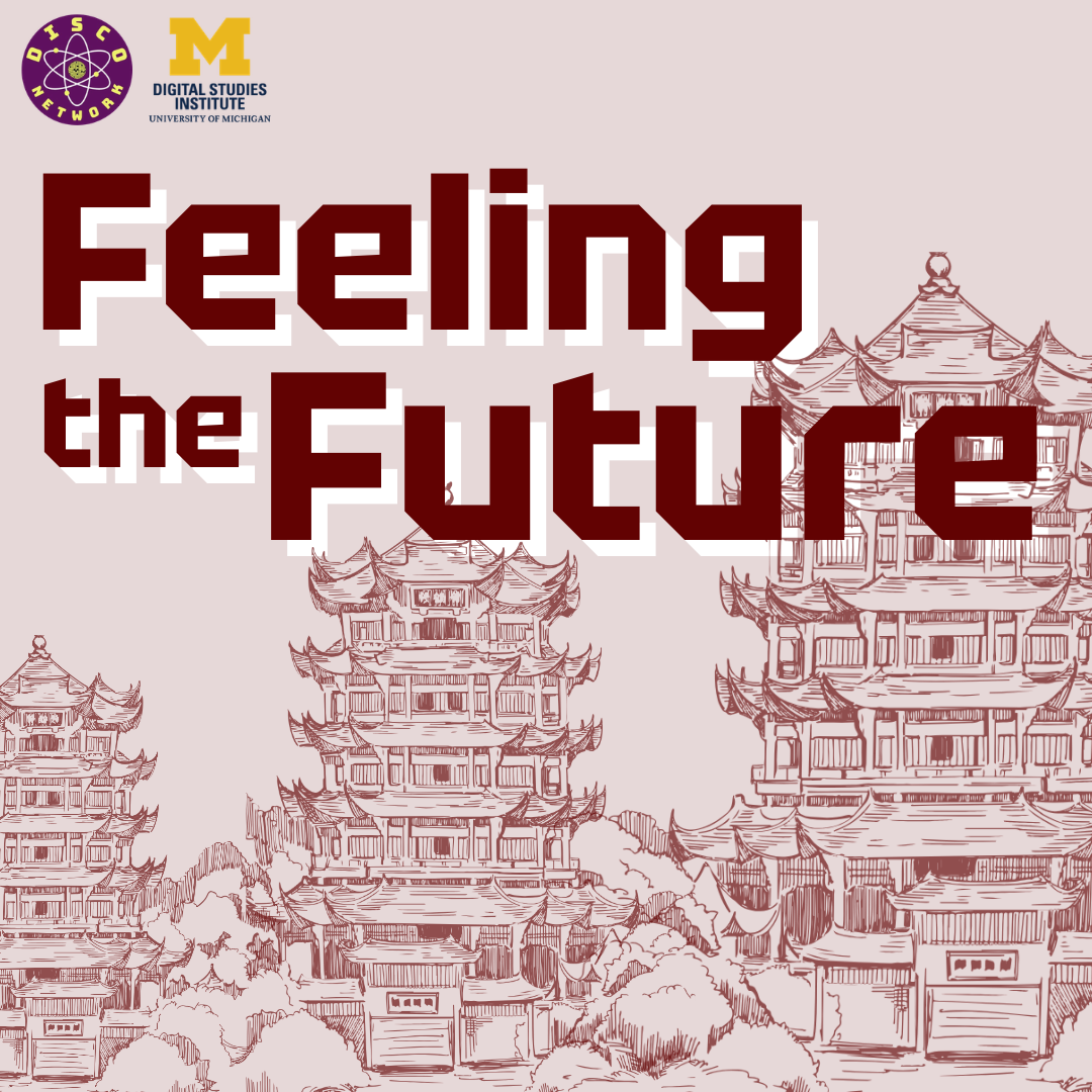 Red and white sketched pagodas with the event title: Feeling the Future