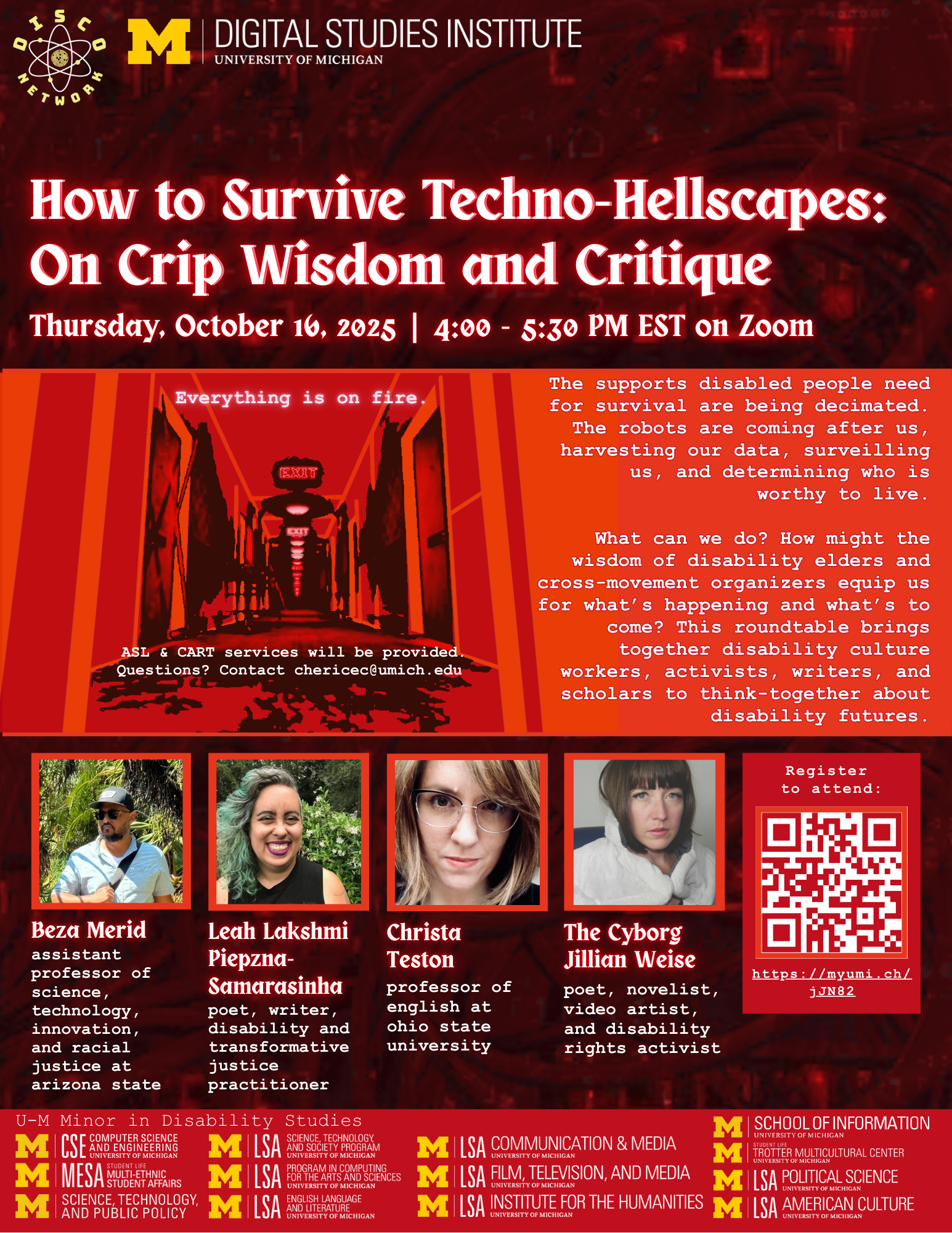 Event poster for "How to Survive Techno-Hellscapes" with speaker photos and registration details.