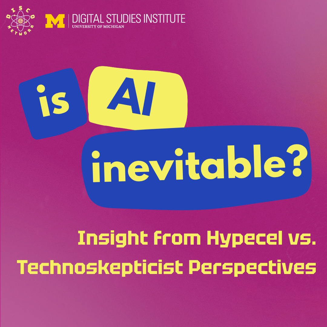 Graphic for "Is AI Inevitable?" with a pink background and bold yellow and blue shapes featuring the title