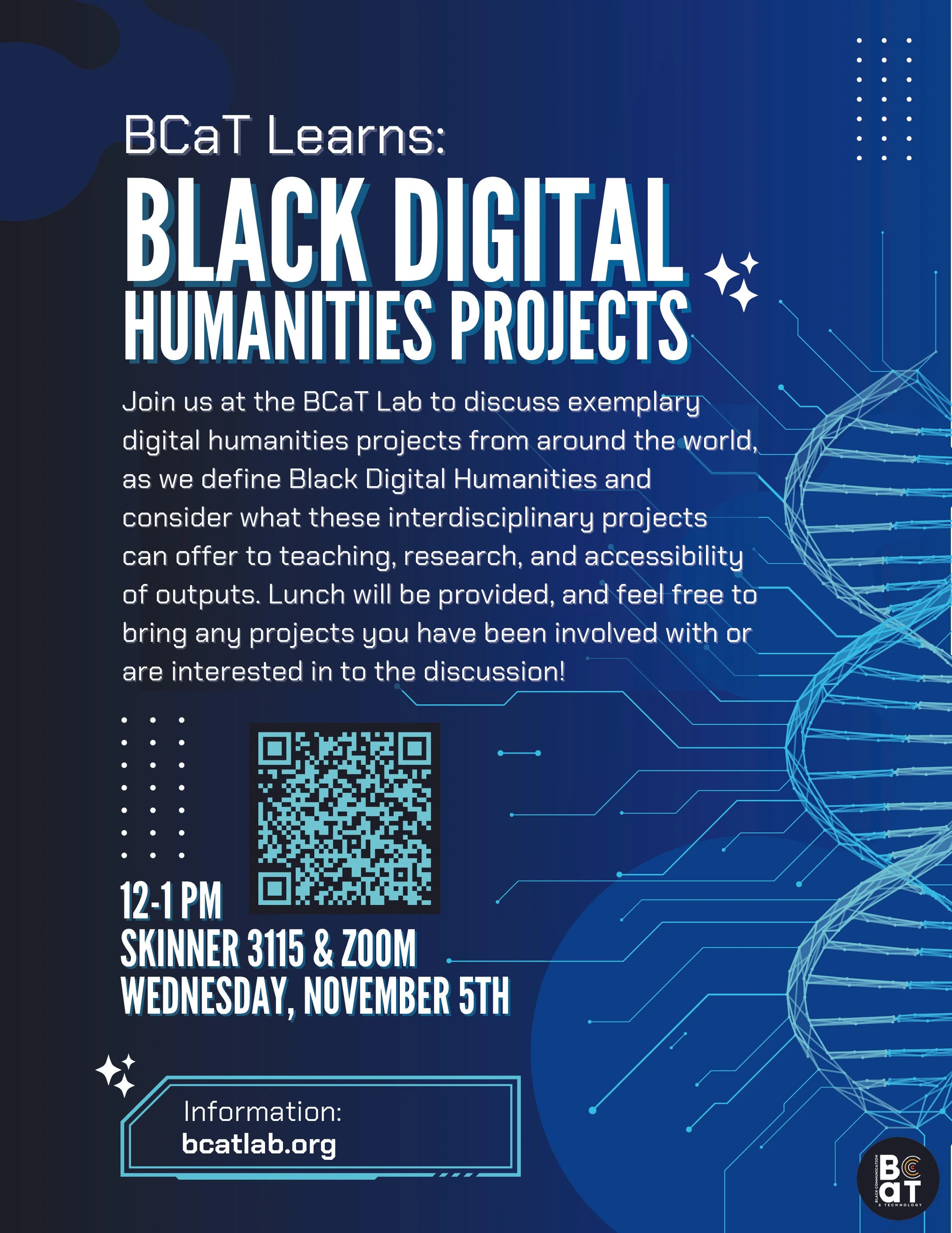 Flyer for an event on Black Digital Humanities Projects with a blue background, featuring text, a QR code, and digital design elements.