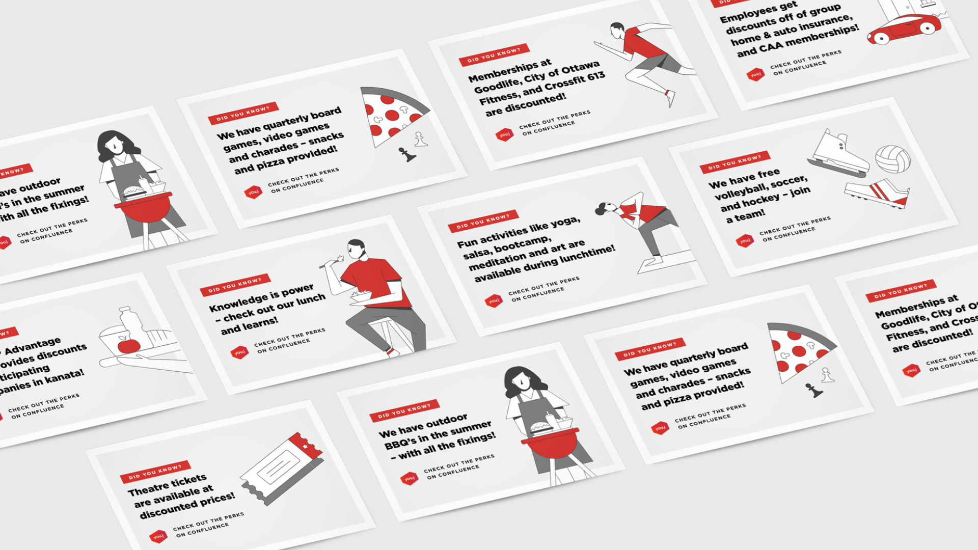 Series of graphics used to internally promote perks and benefits offered to employees.